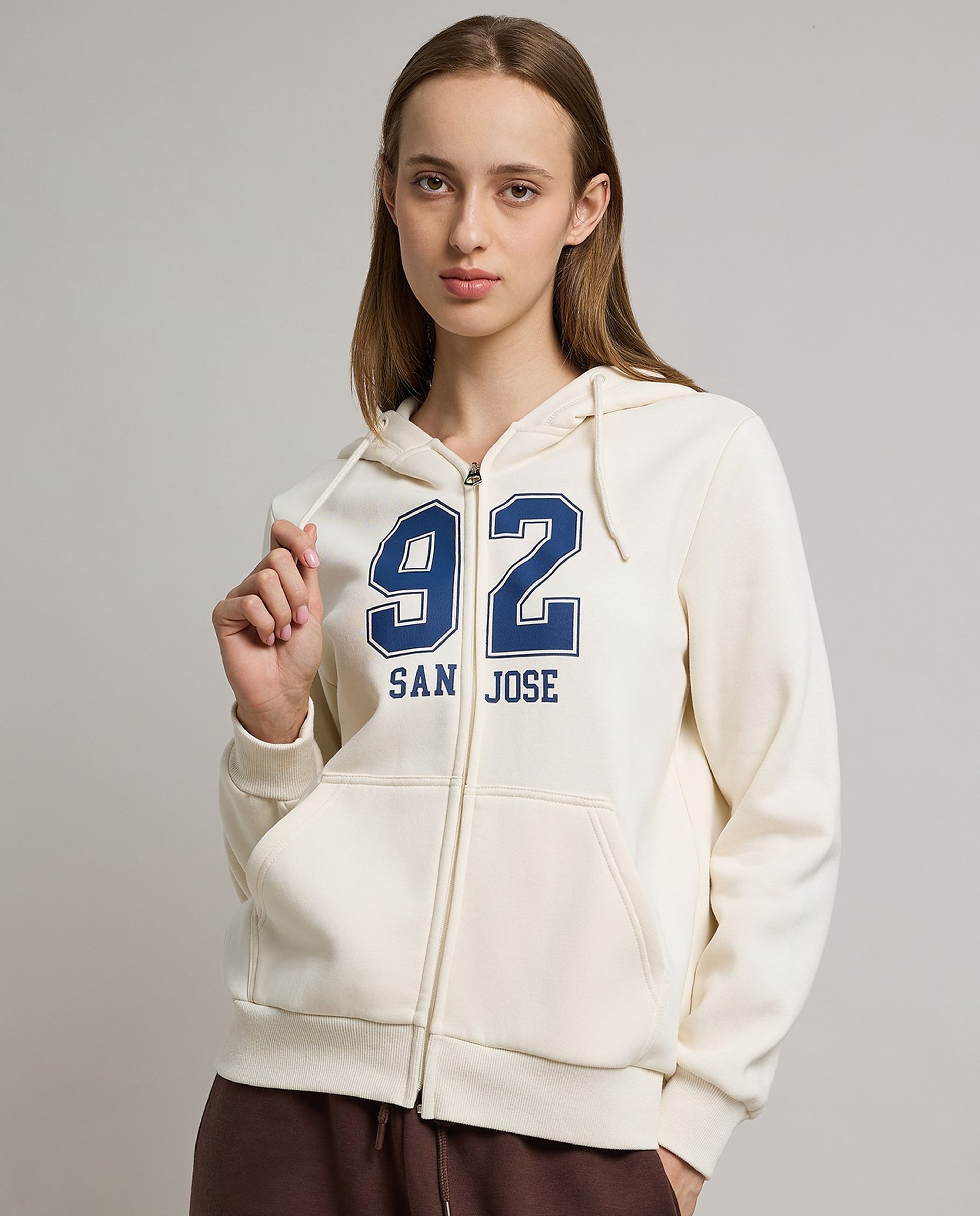 Typography Print Hooded Jacket with Zipper Closure