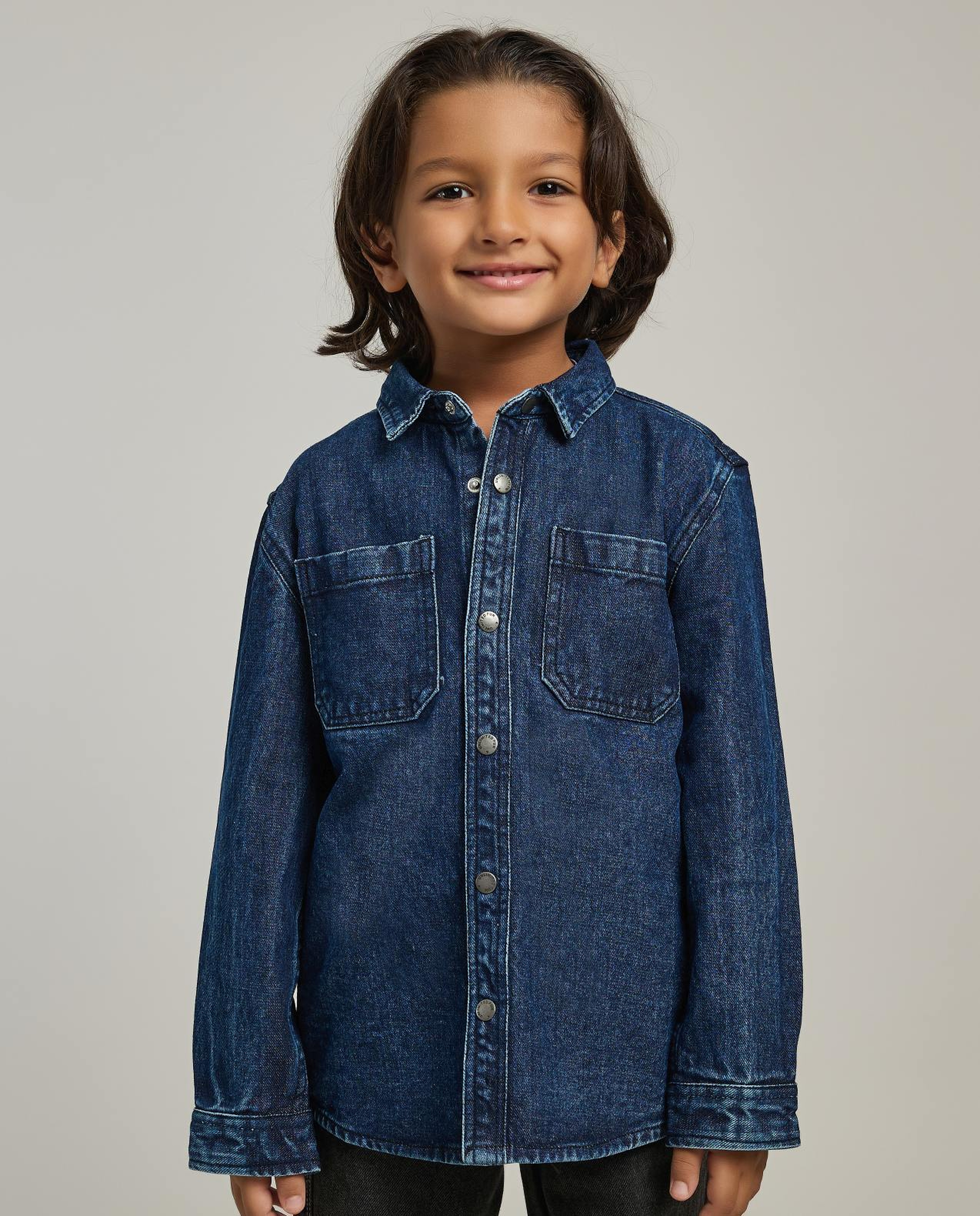 Washed Denim Shirt with Classic Collar and Long Sleeves