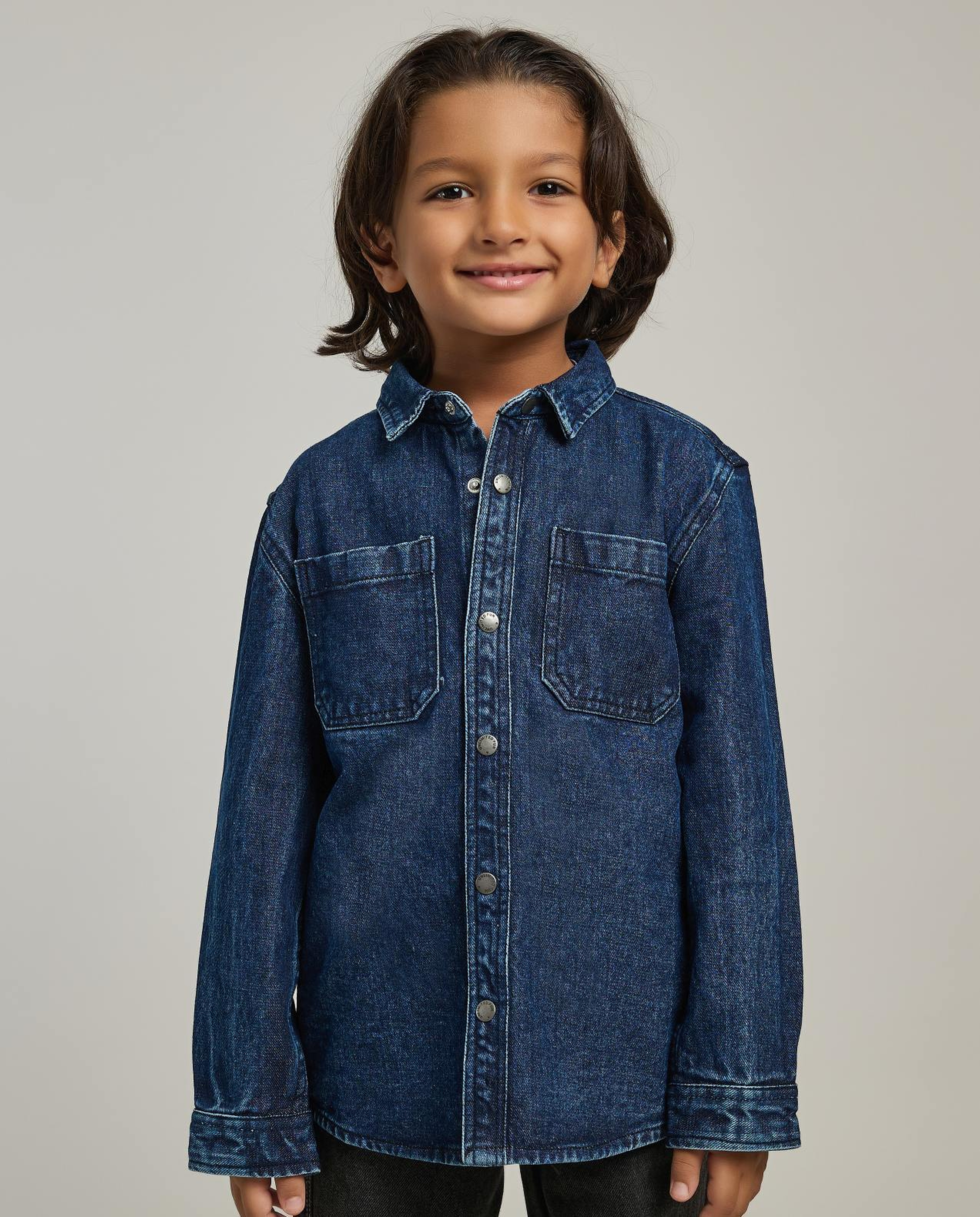 Washed Denim Shirt with Classic Collar and Long Sleeves