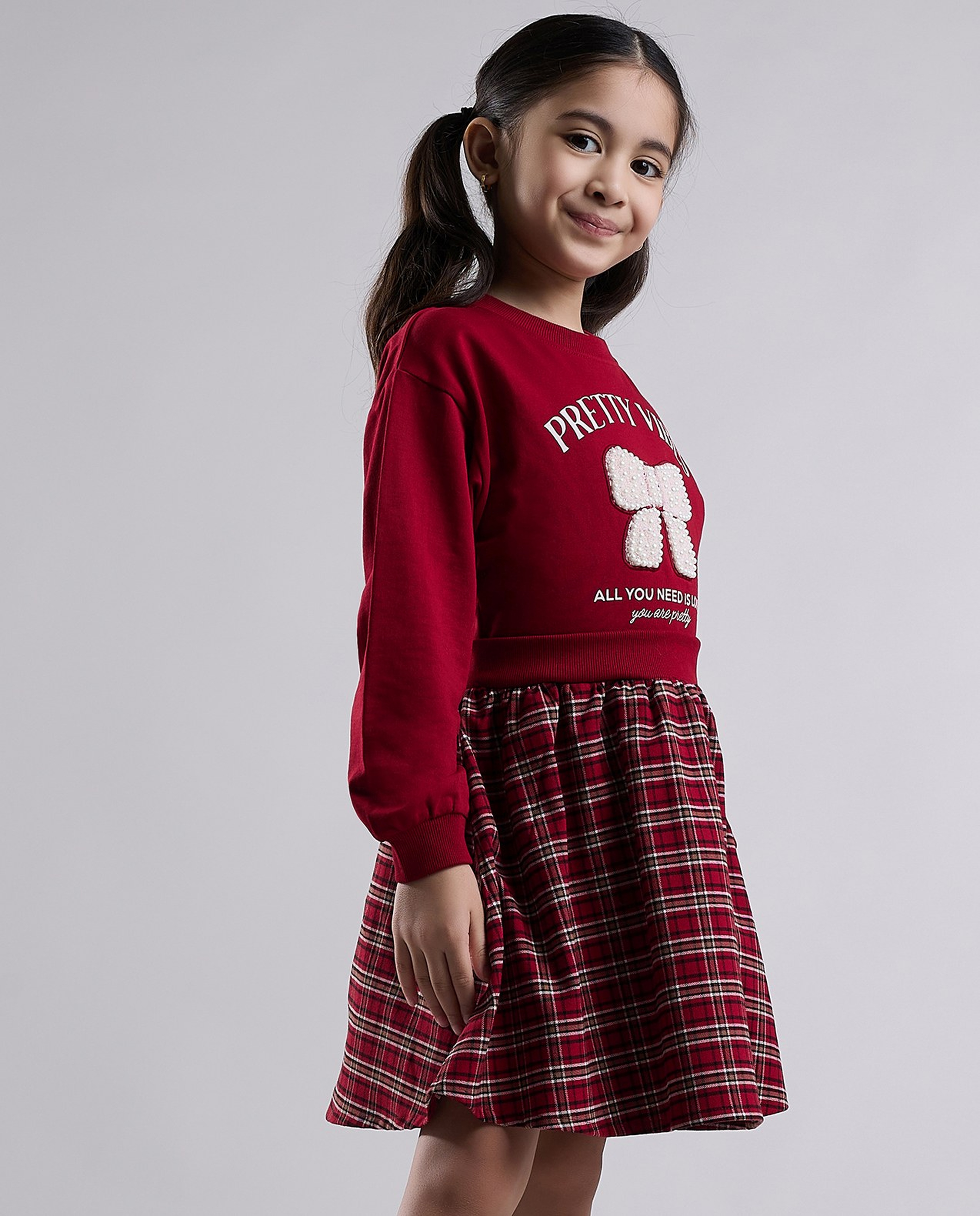 Printed Knit Dress with Crew Neck and Long Sleeves