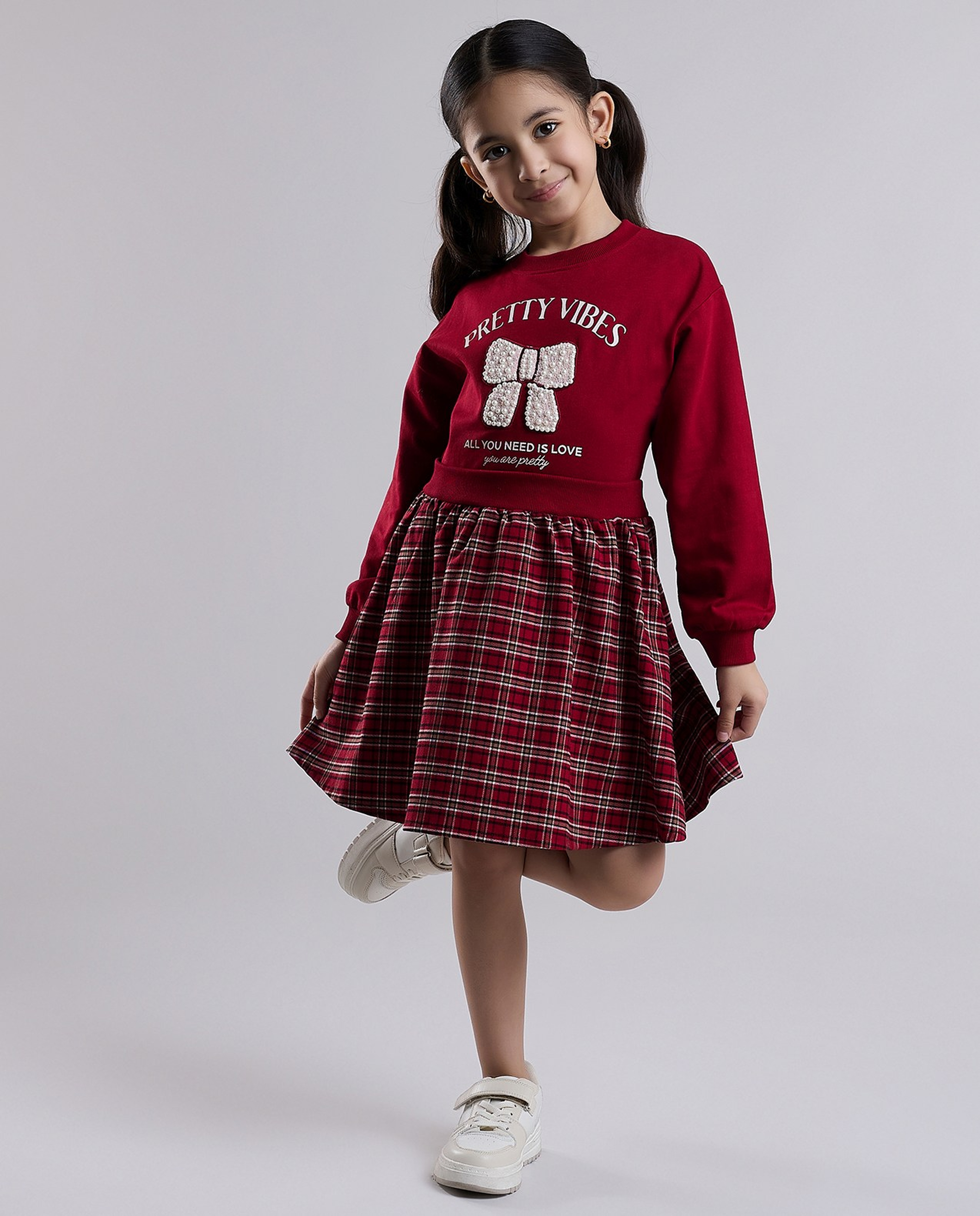 Printed Knit Dress with Crew Neck and Long Sleeves