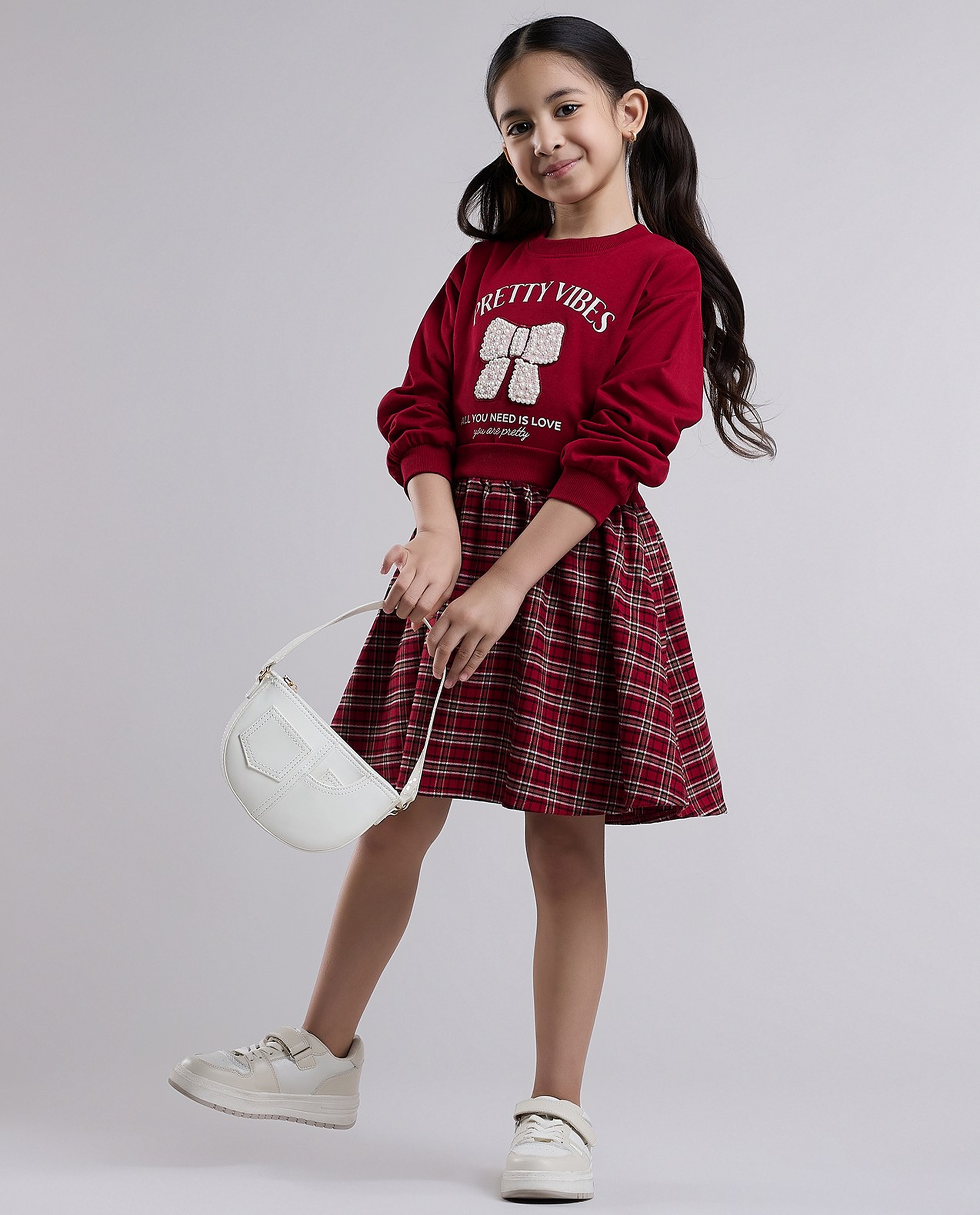 Printed Knit Dress with Crew Neck and Long Sleeves