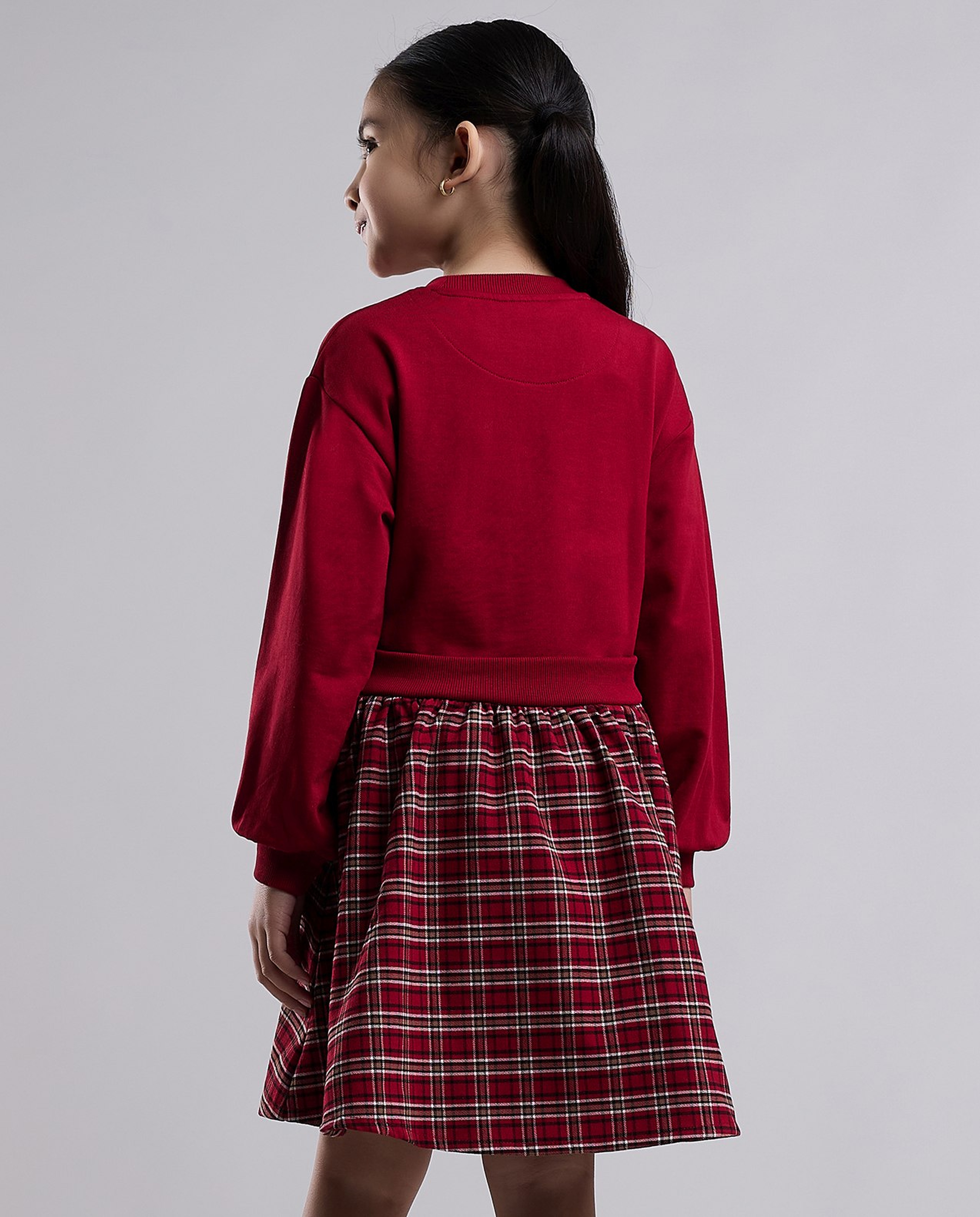 Printed Knit Dress with Crew Neck and Long Sleeves