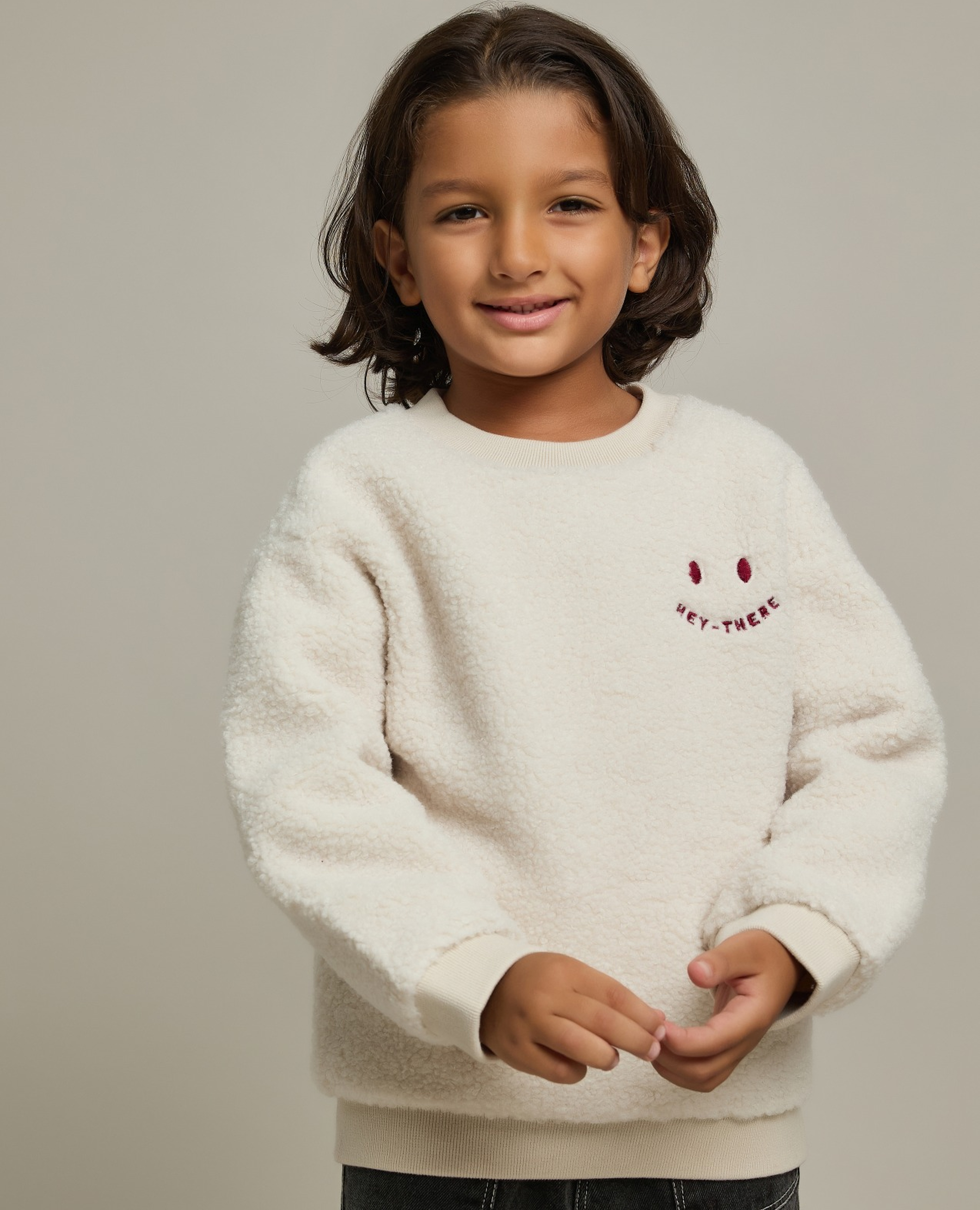 Embroidered Sherpa Sweatshirt with Crew Neck and Long Sleeves