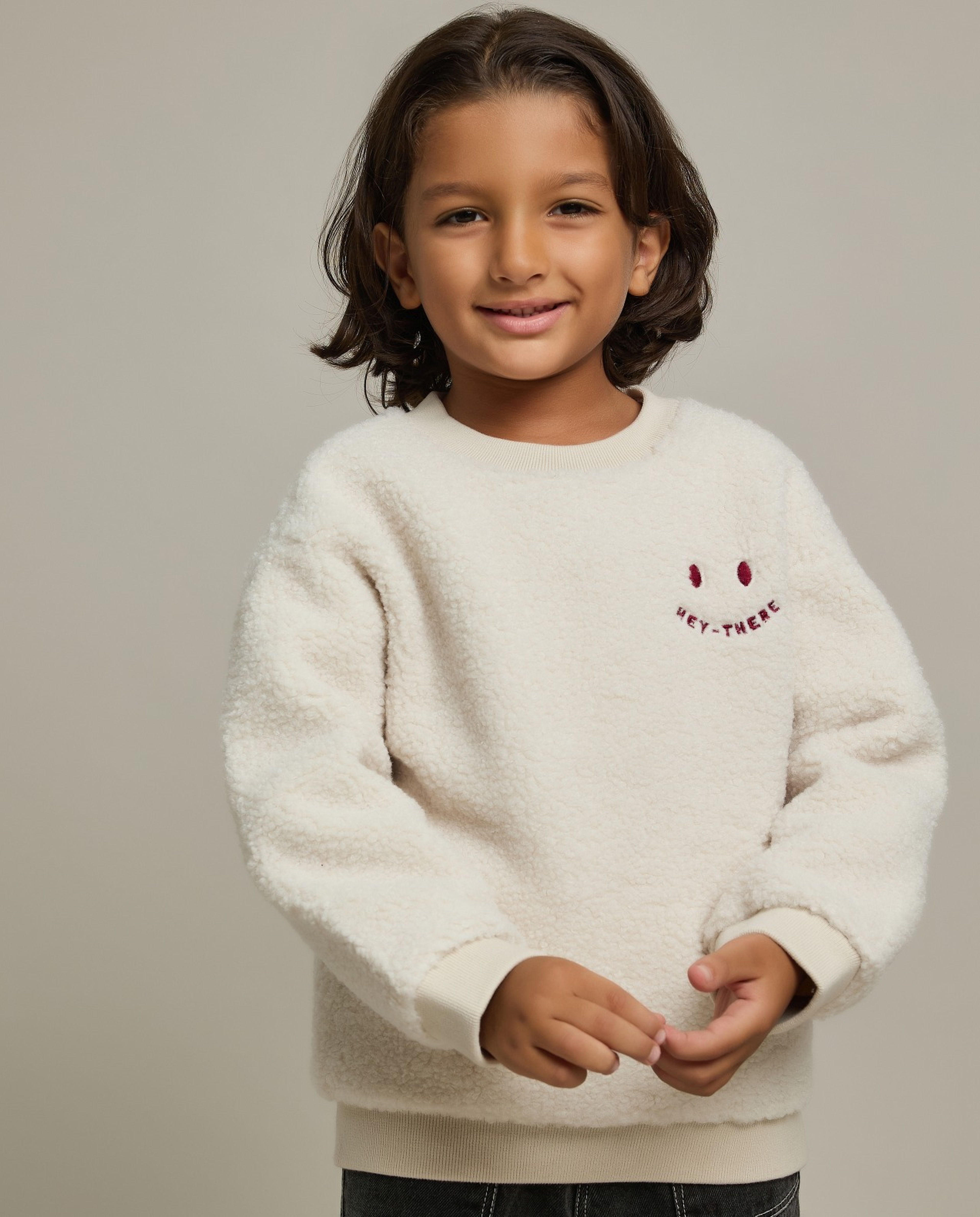 Embroidered Sherpa Sweatshirt with Crew Neck and Long Sleeves