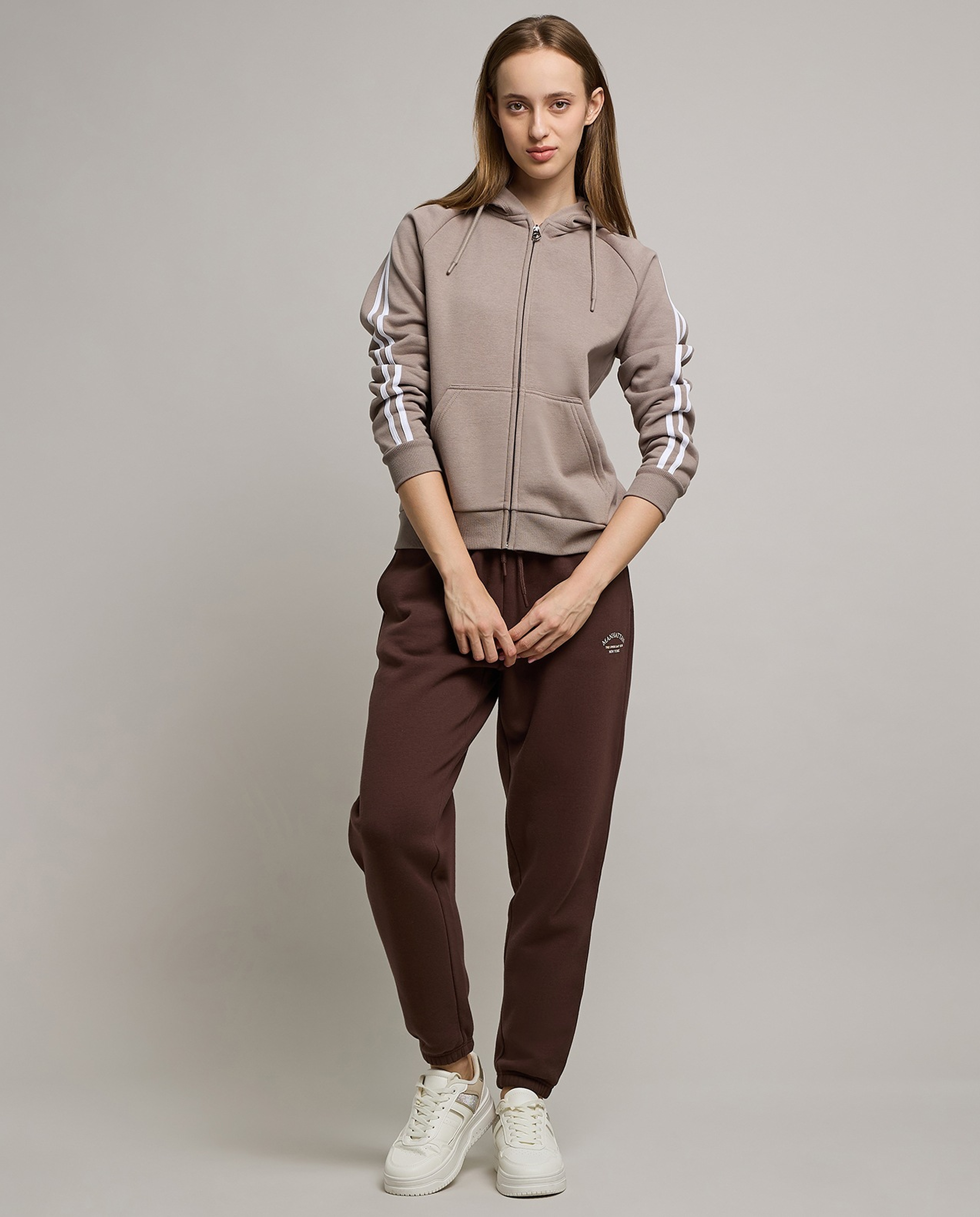 Stripe Detail Hooded Jacket with Zipper Closure