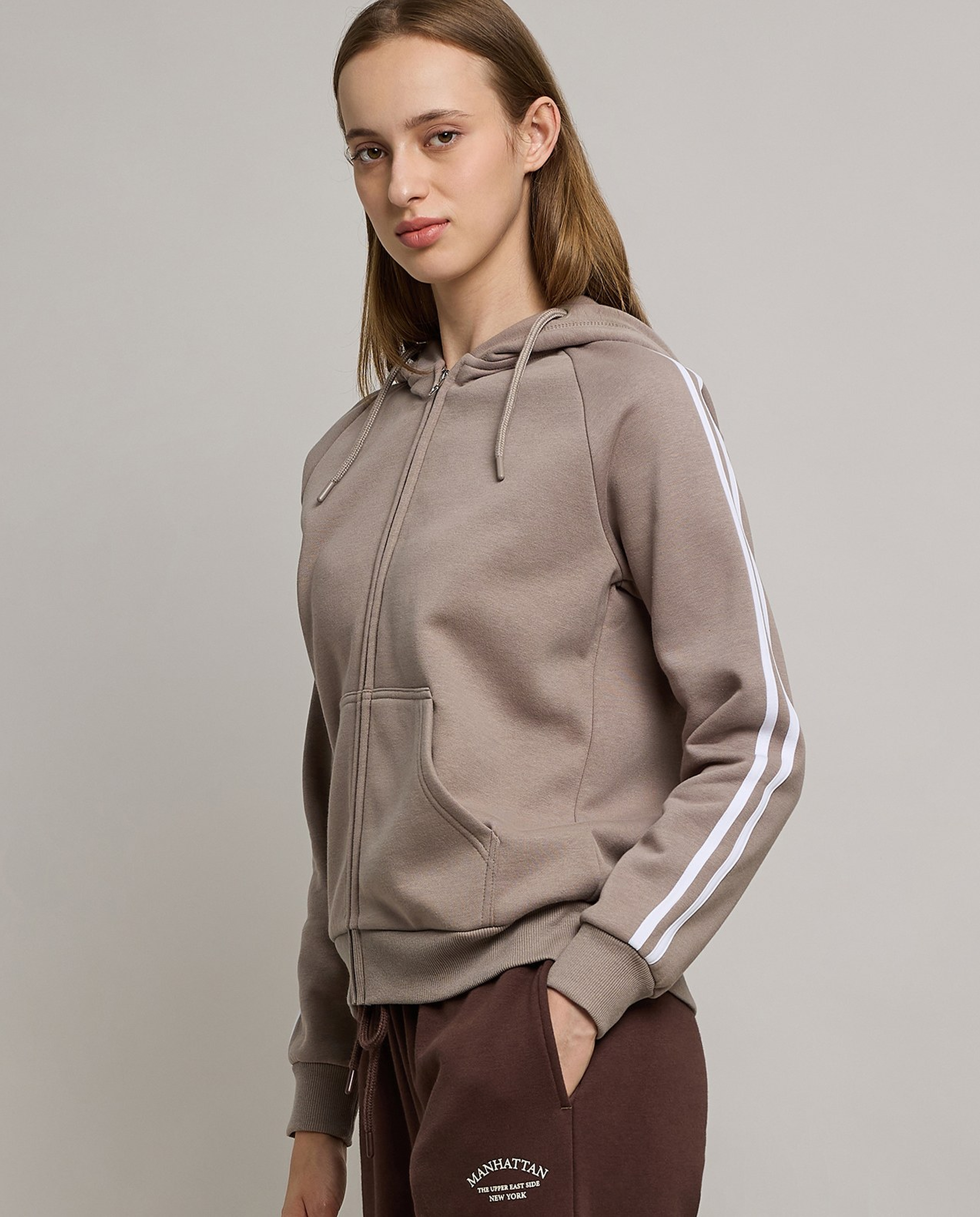 Stripe Detail Hooded Jacket with Zipper Closure