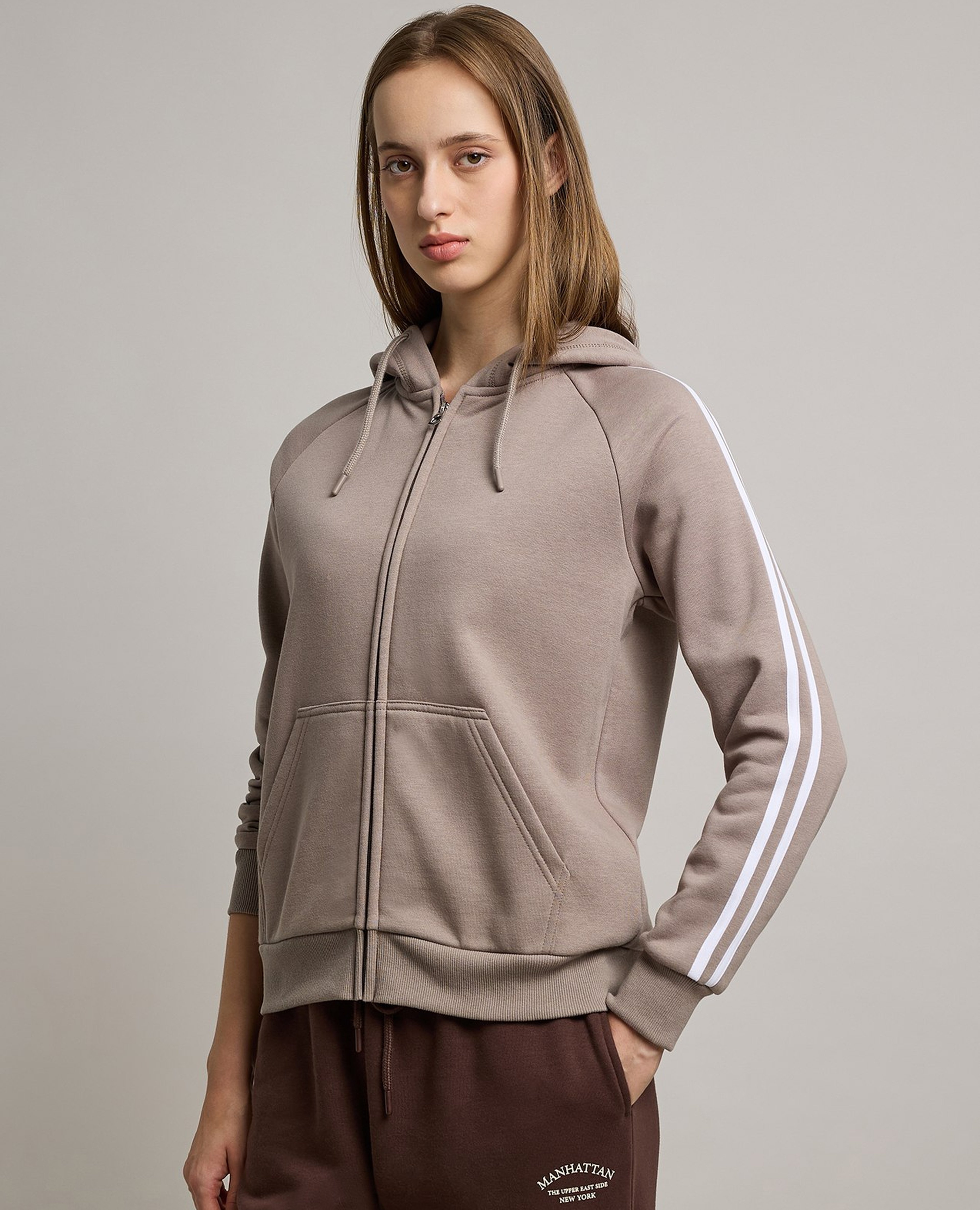 Stripe Detail Hooded Jacket with Zipper Closure