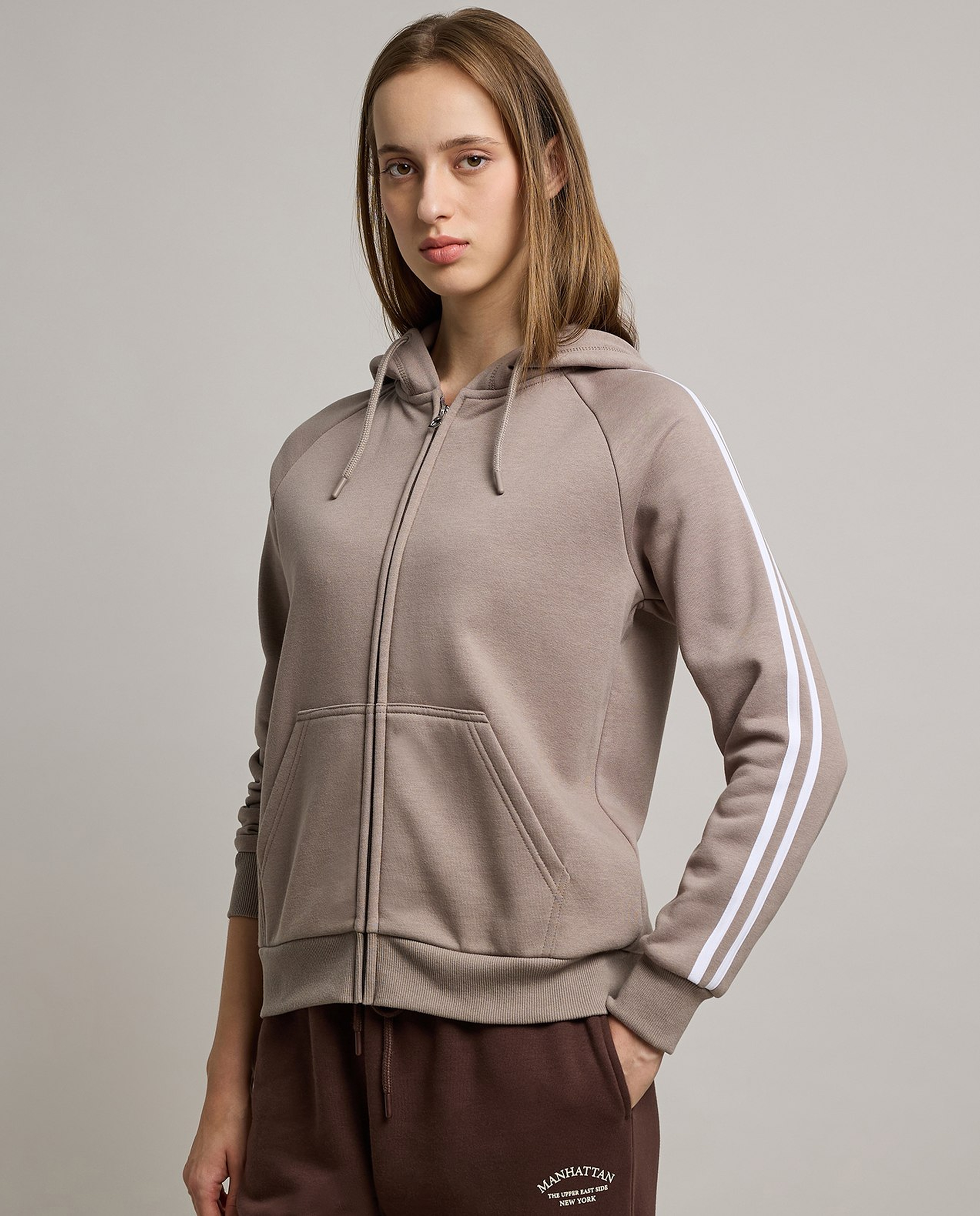 Stripe Detail Hooded Jacket with Zipper Closure