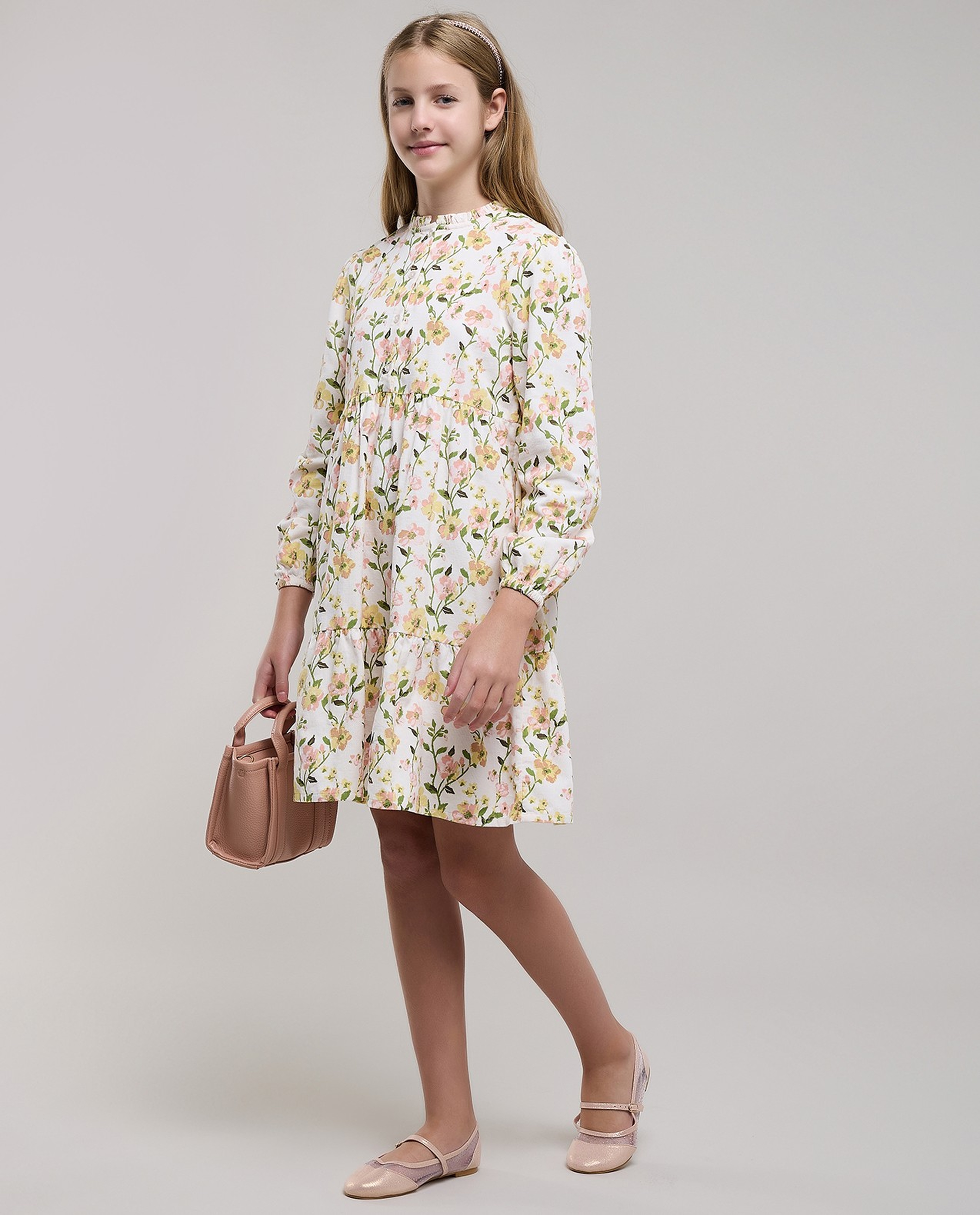 Floral Print Ruffle Dress with Long Sleeves