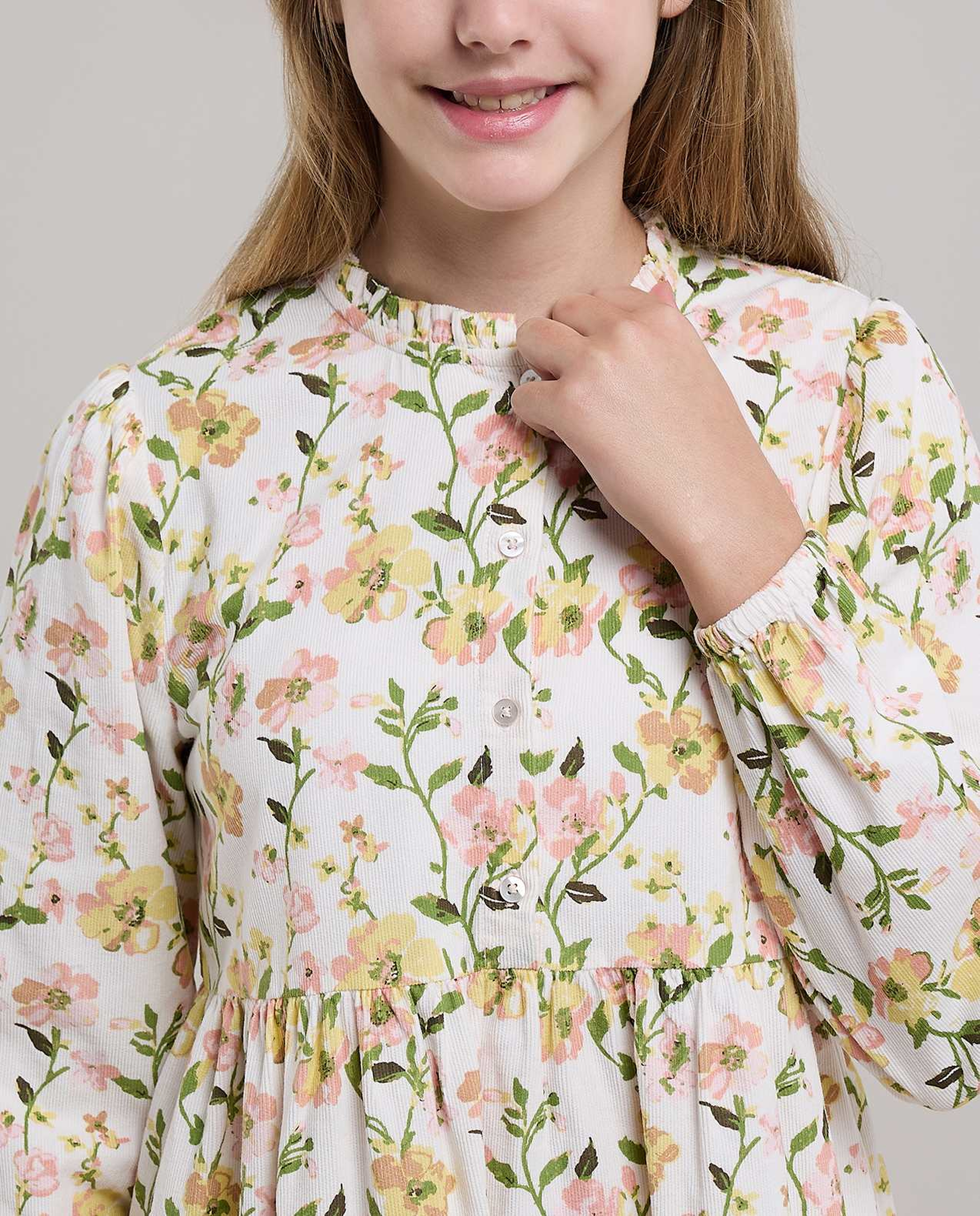 Floral Print Ruffle Dress with Long Sleeves