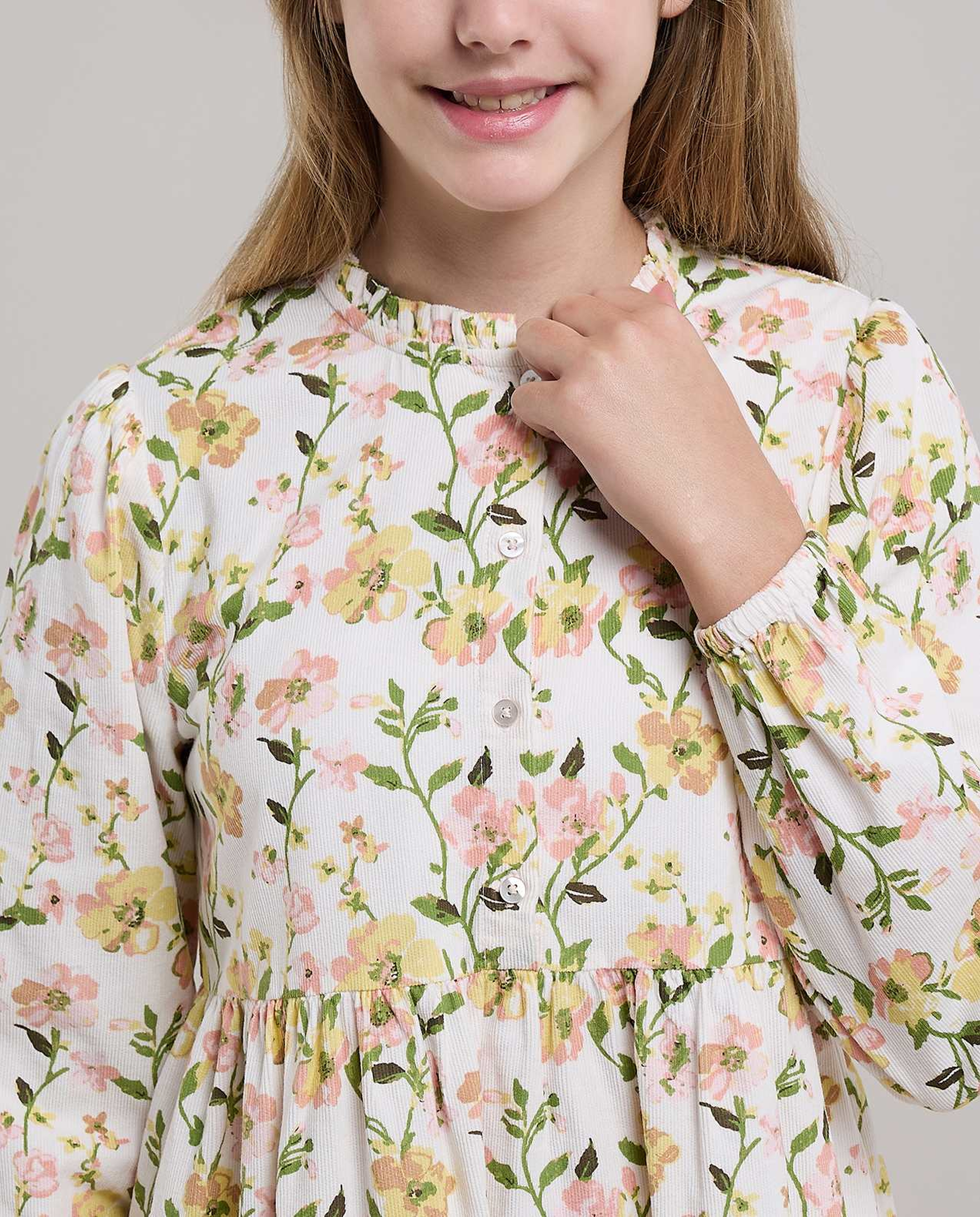 Floral Print Ruffle Dress with Long Sleeves