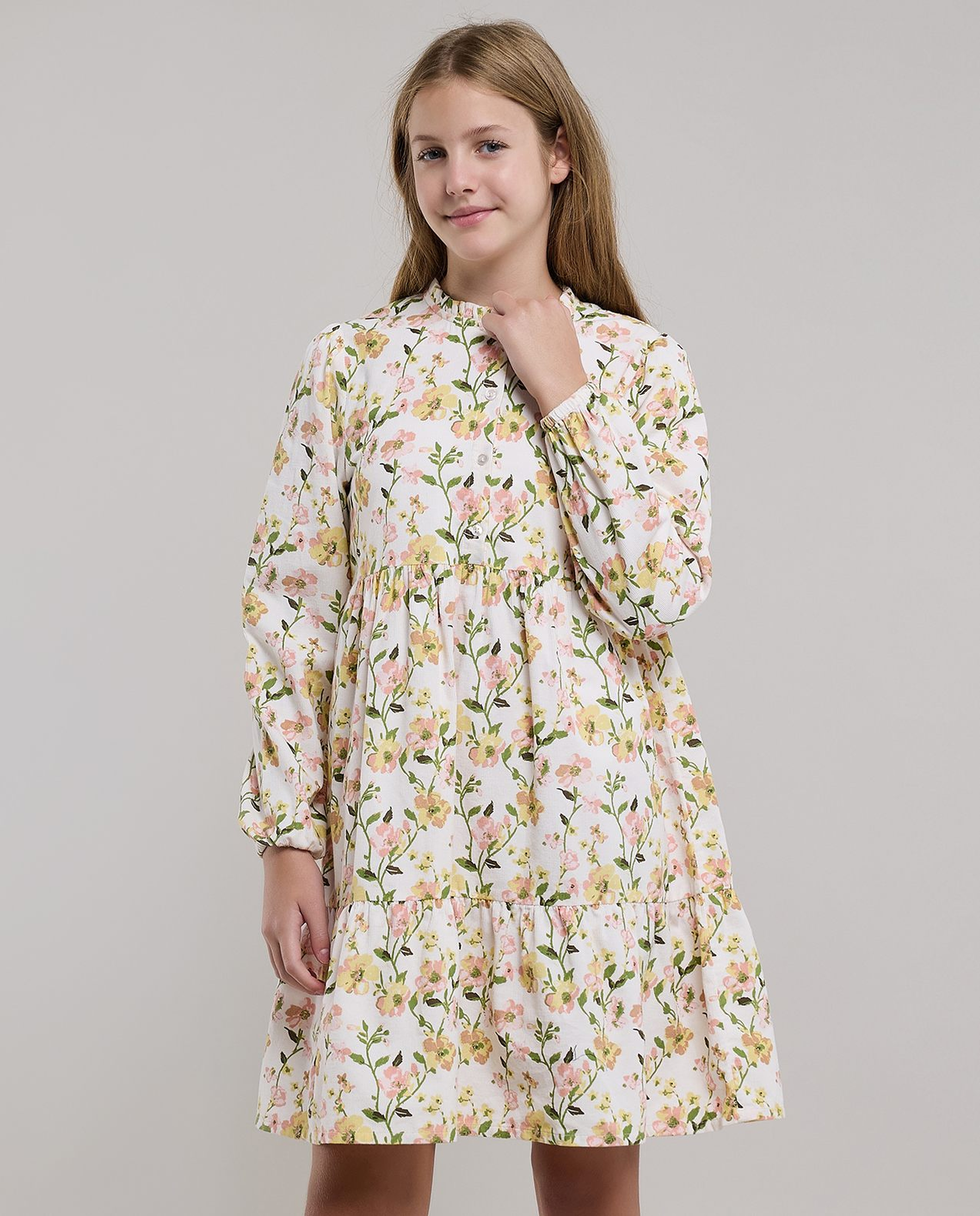 Floral Print Ruffle Dress with Long Sleeves
