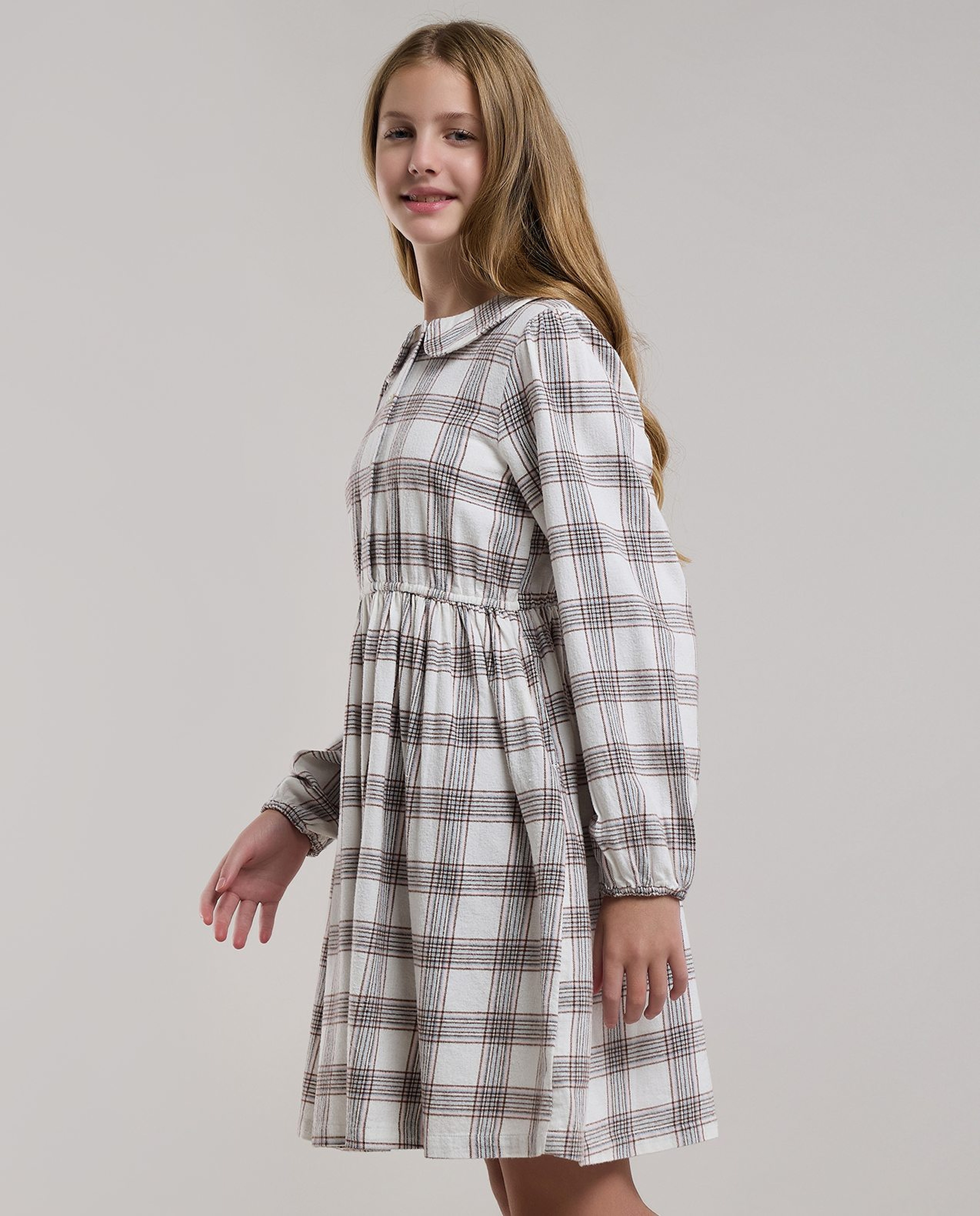 Checked Flared Dress with Peter Pan Collar and Long Sleeves