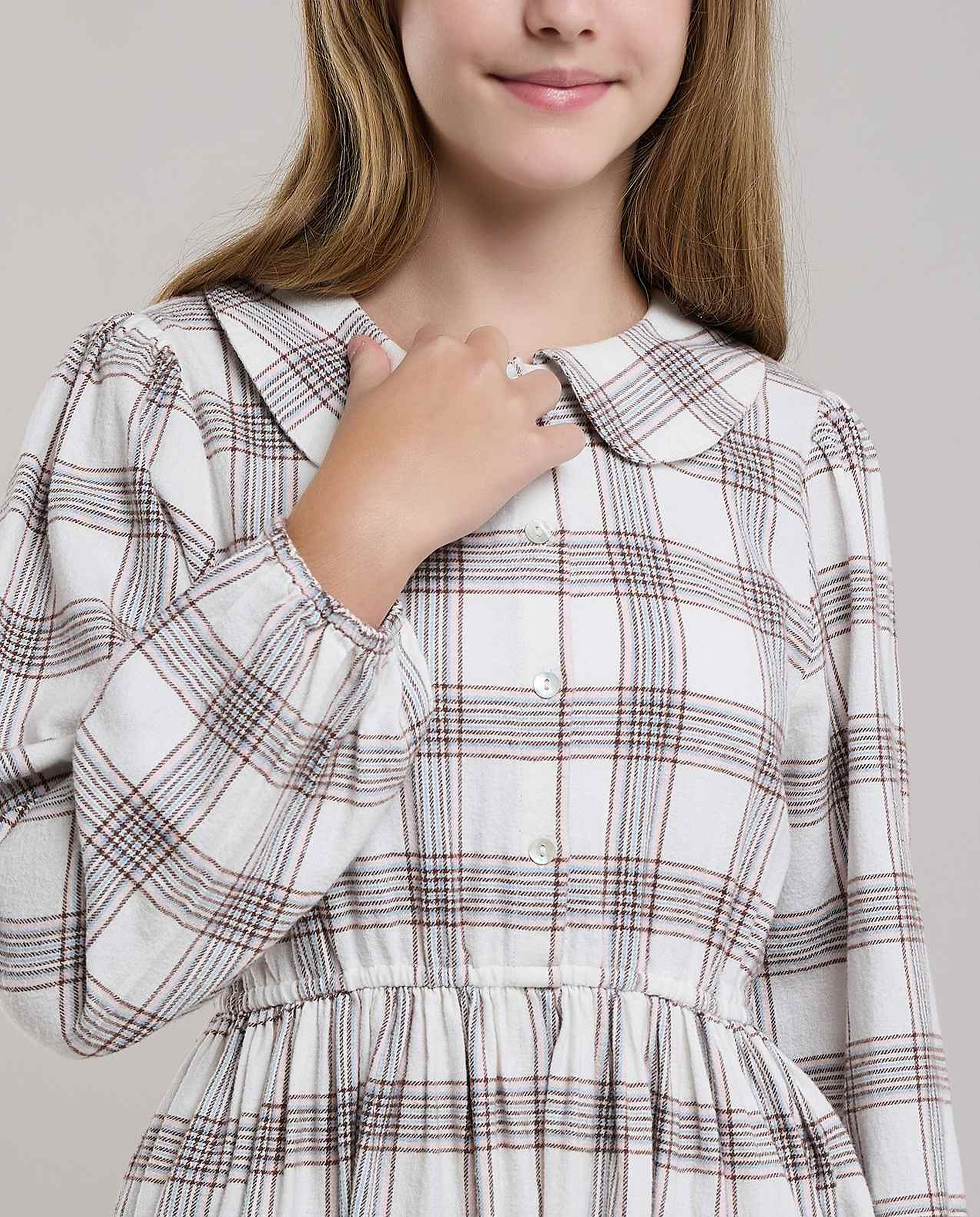 Checked Flared Dress with Peter Pan Collar and Long Sleeves