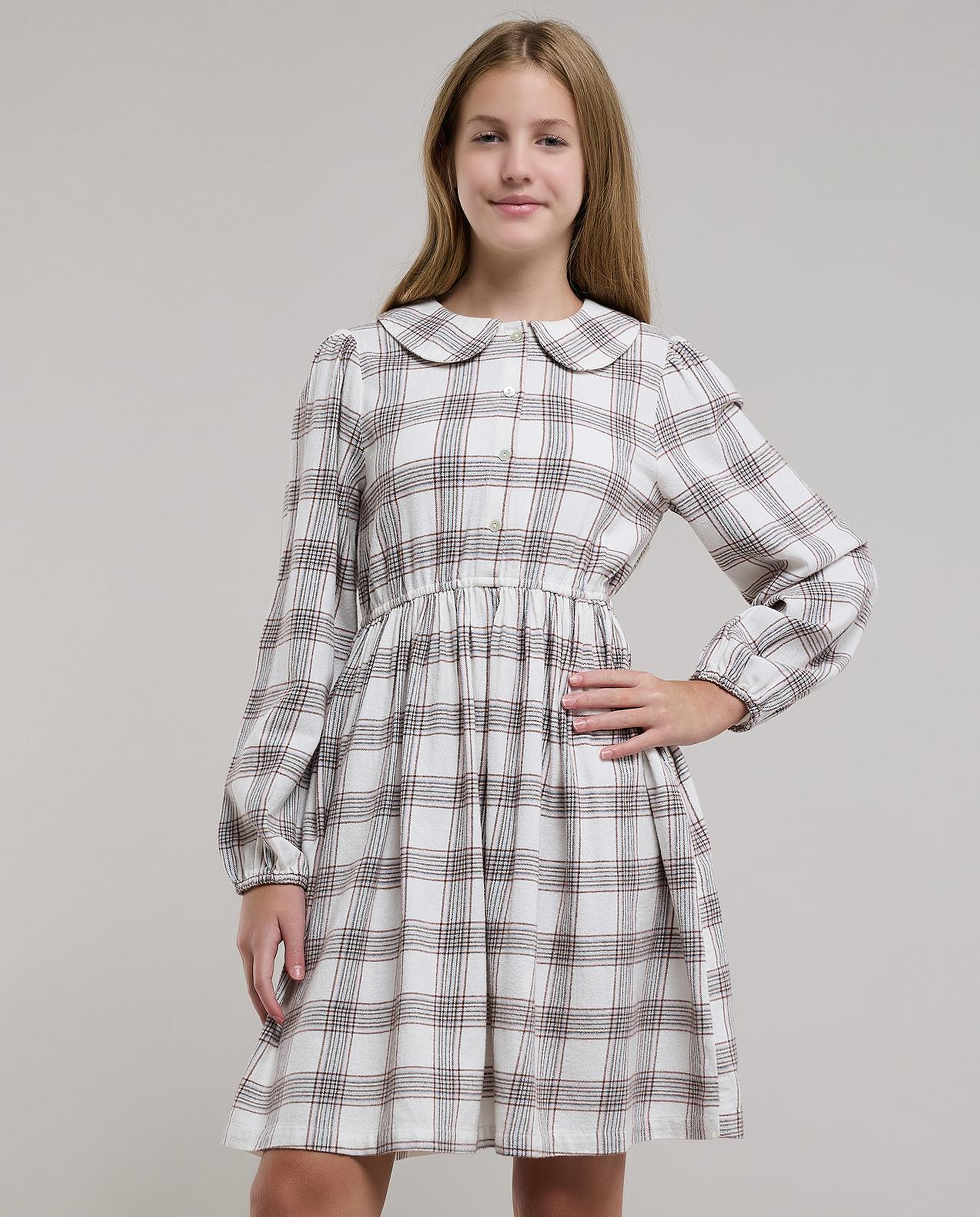 Checked Flared Dress with Peter Pan Collar and Long Sleeves