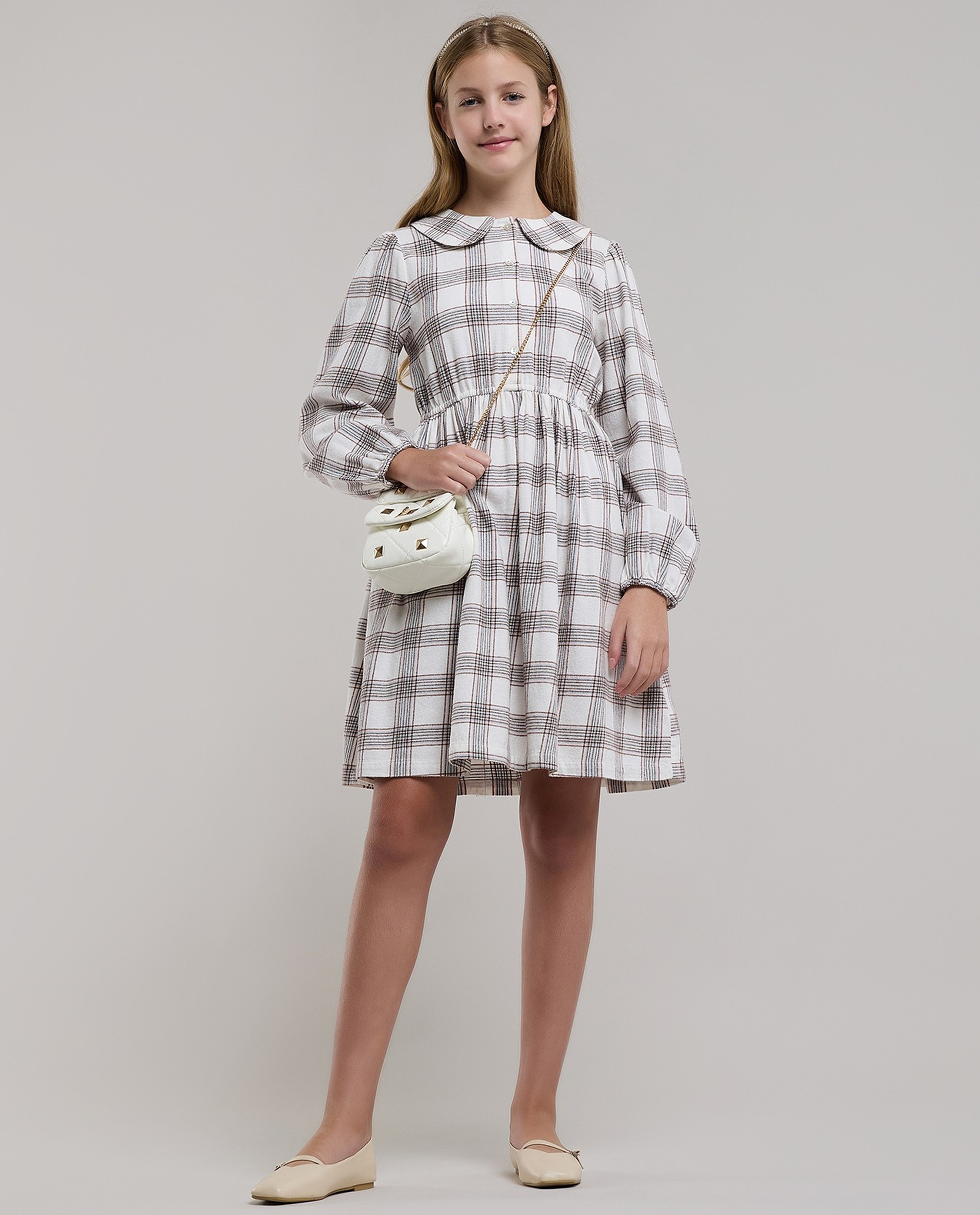 Checked Flared Dress with Peter Pan Collar and Long Sleeves