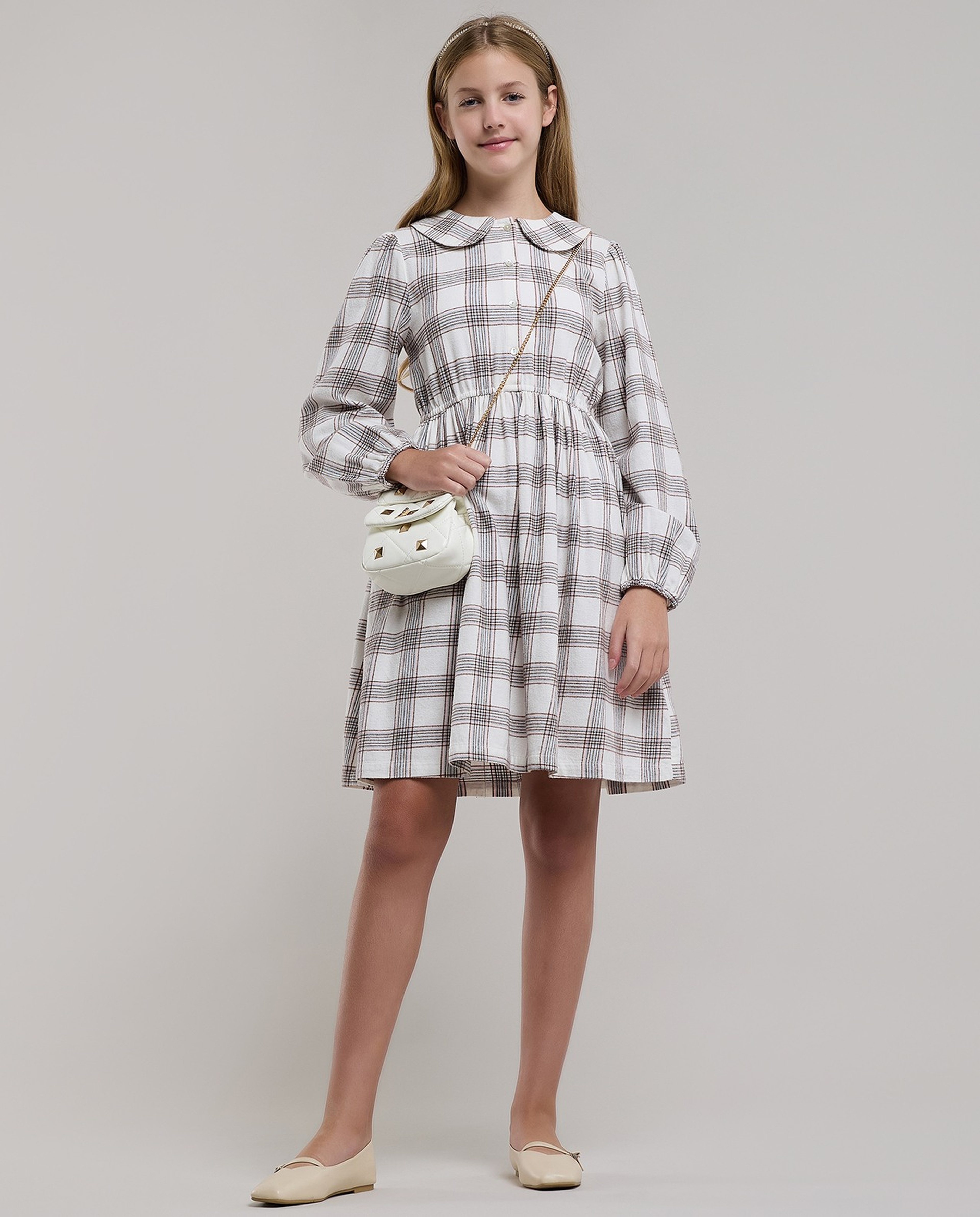 Checked Flared Dress with Peter Pan Collar and Long Sleeves
