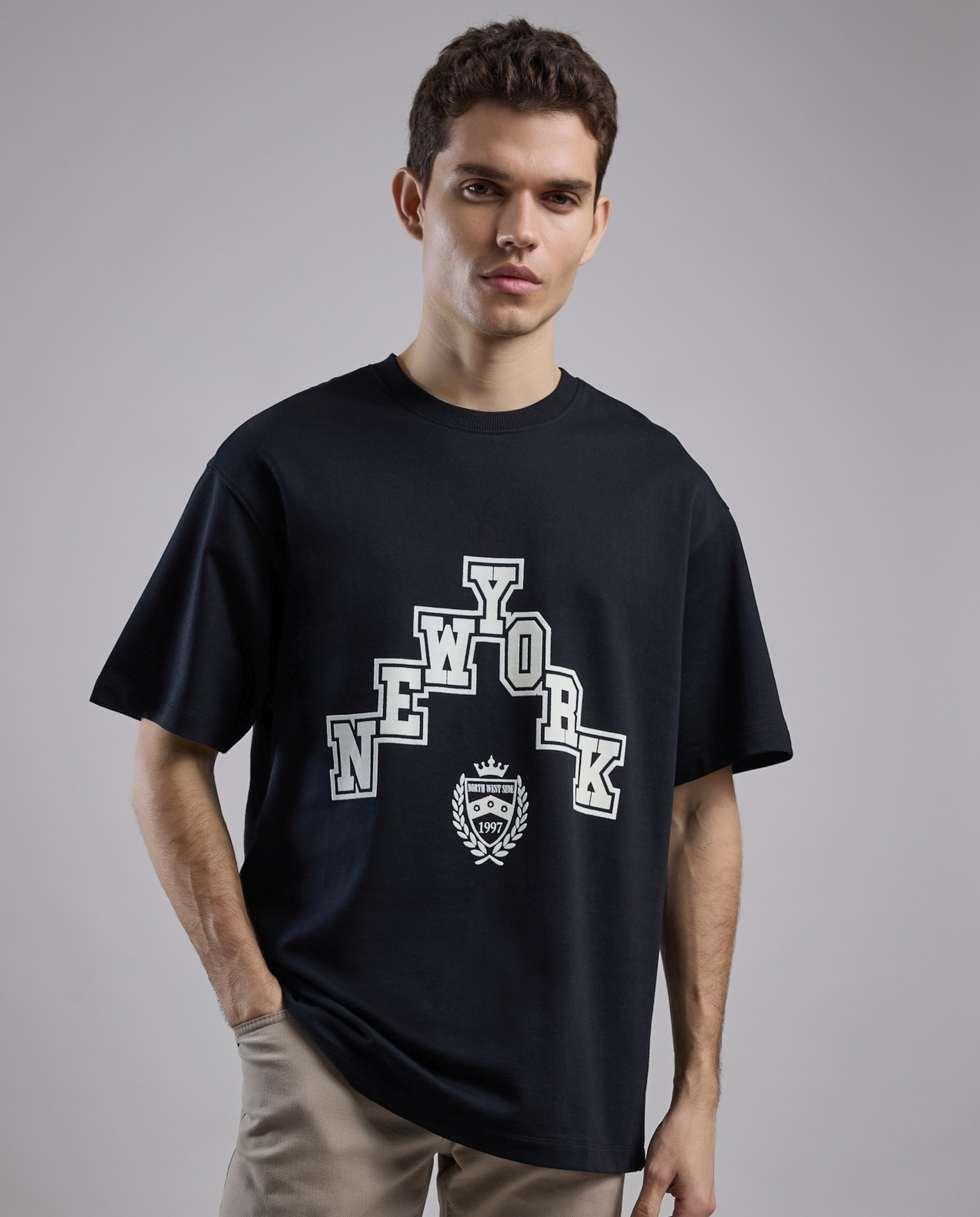 Typography Print T-Shirt with Crew Neck and Short Sleeves
