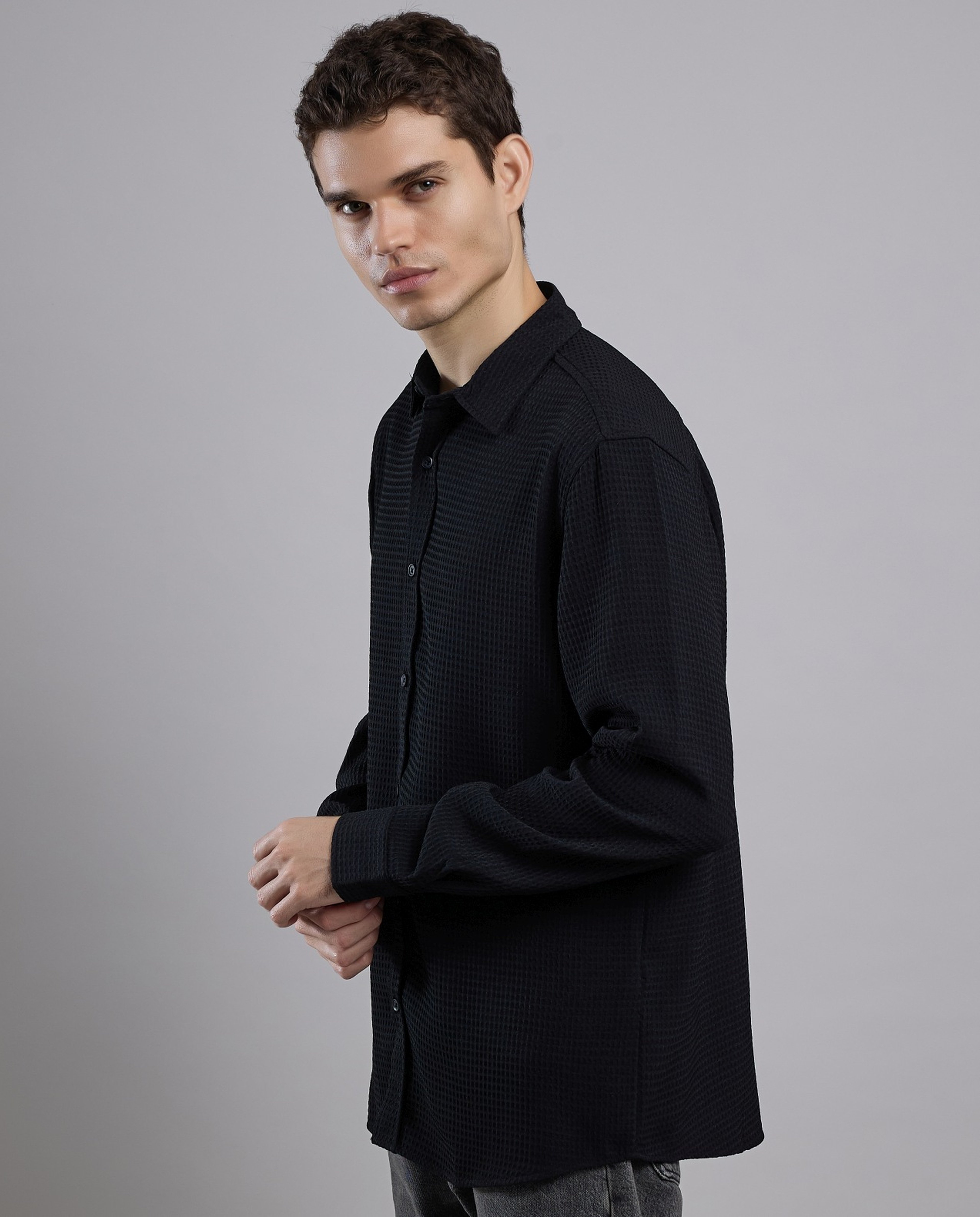 Textured Shirt with Classic Collar and Long Sleeves