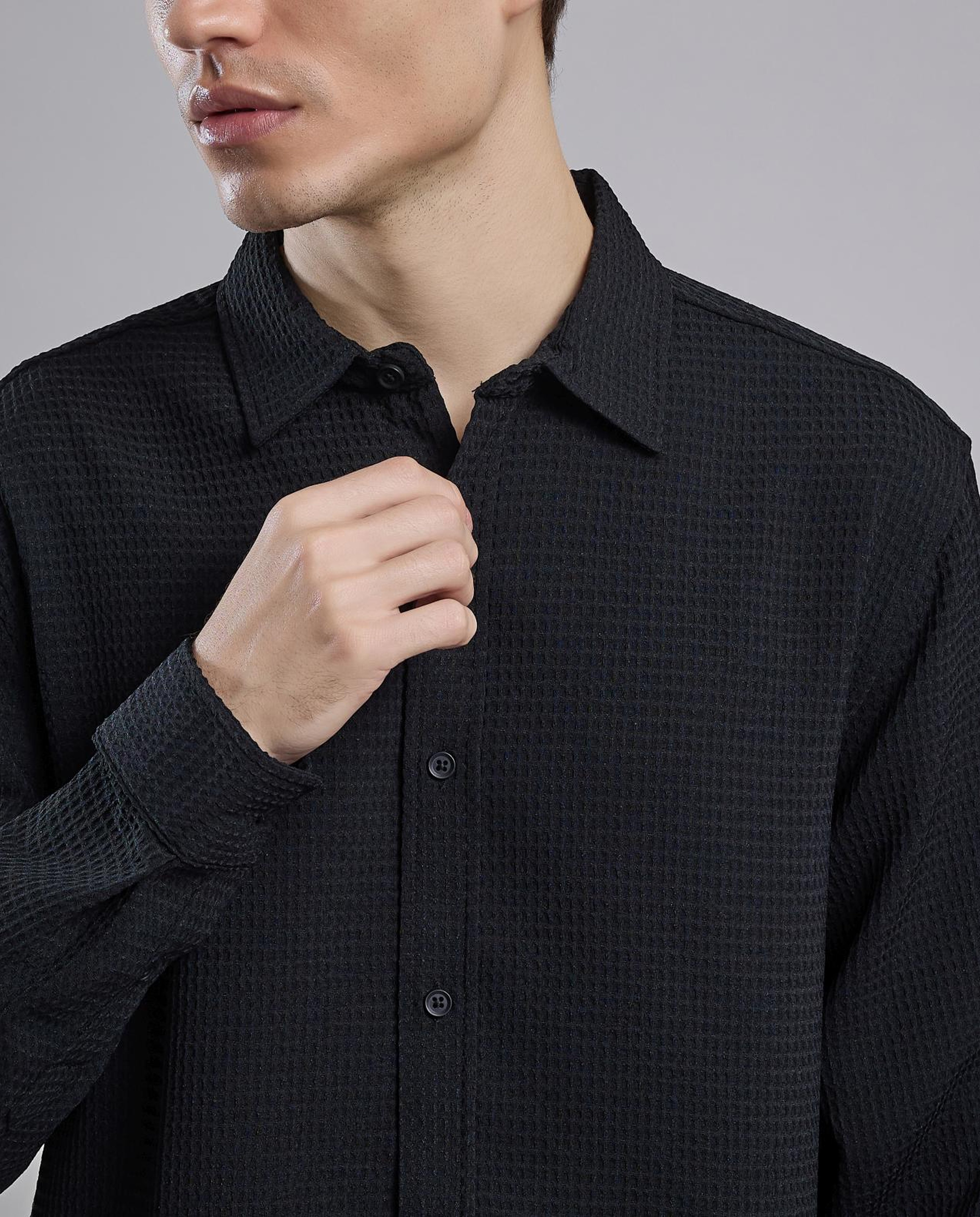 Textured Shirt with Classic Collar and Long Sleeves