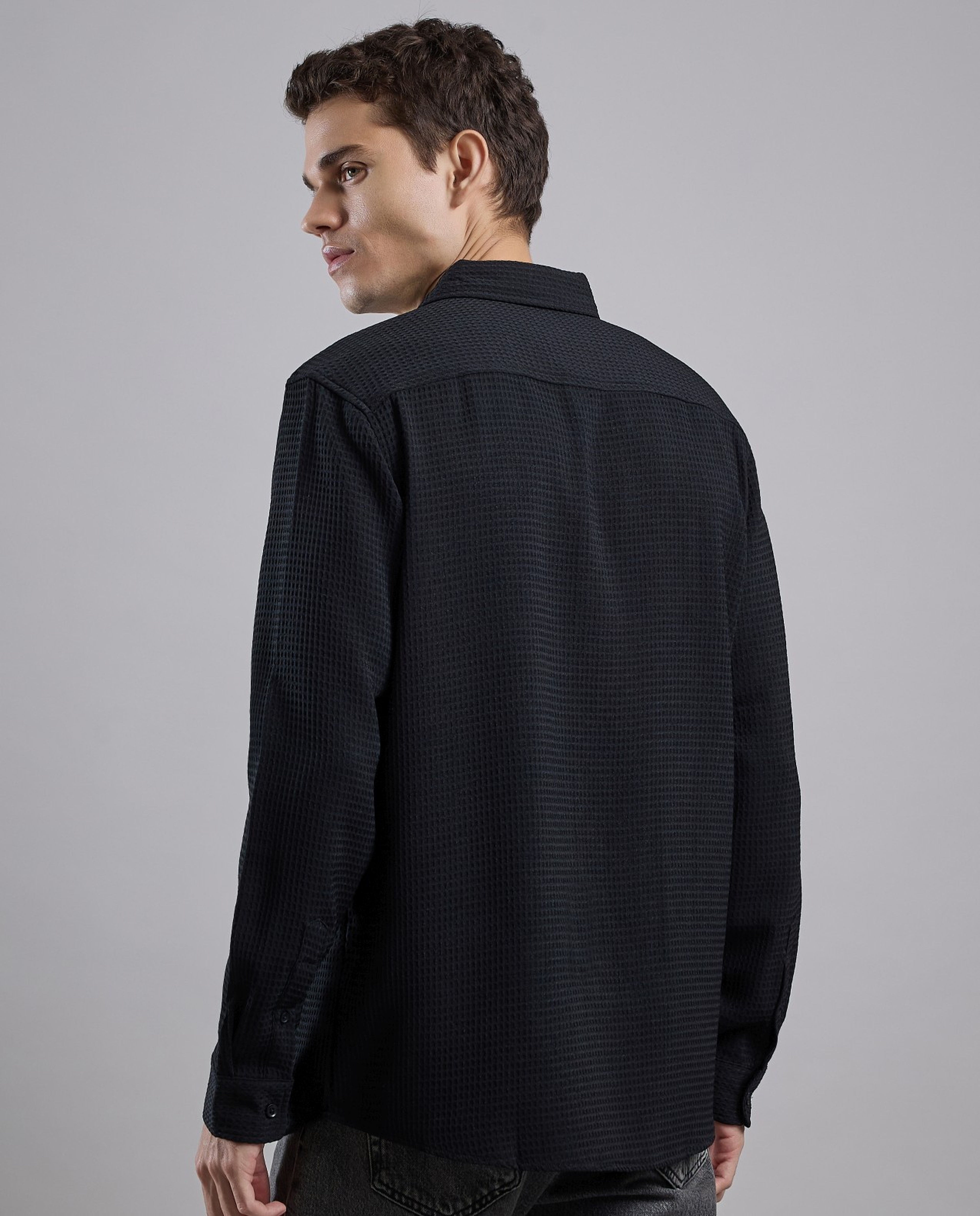 Textured Shirt with Classic Collar and Long Sleeves