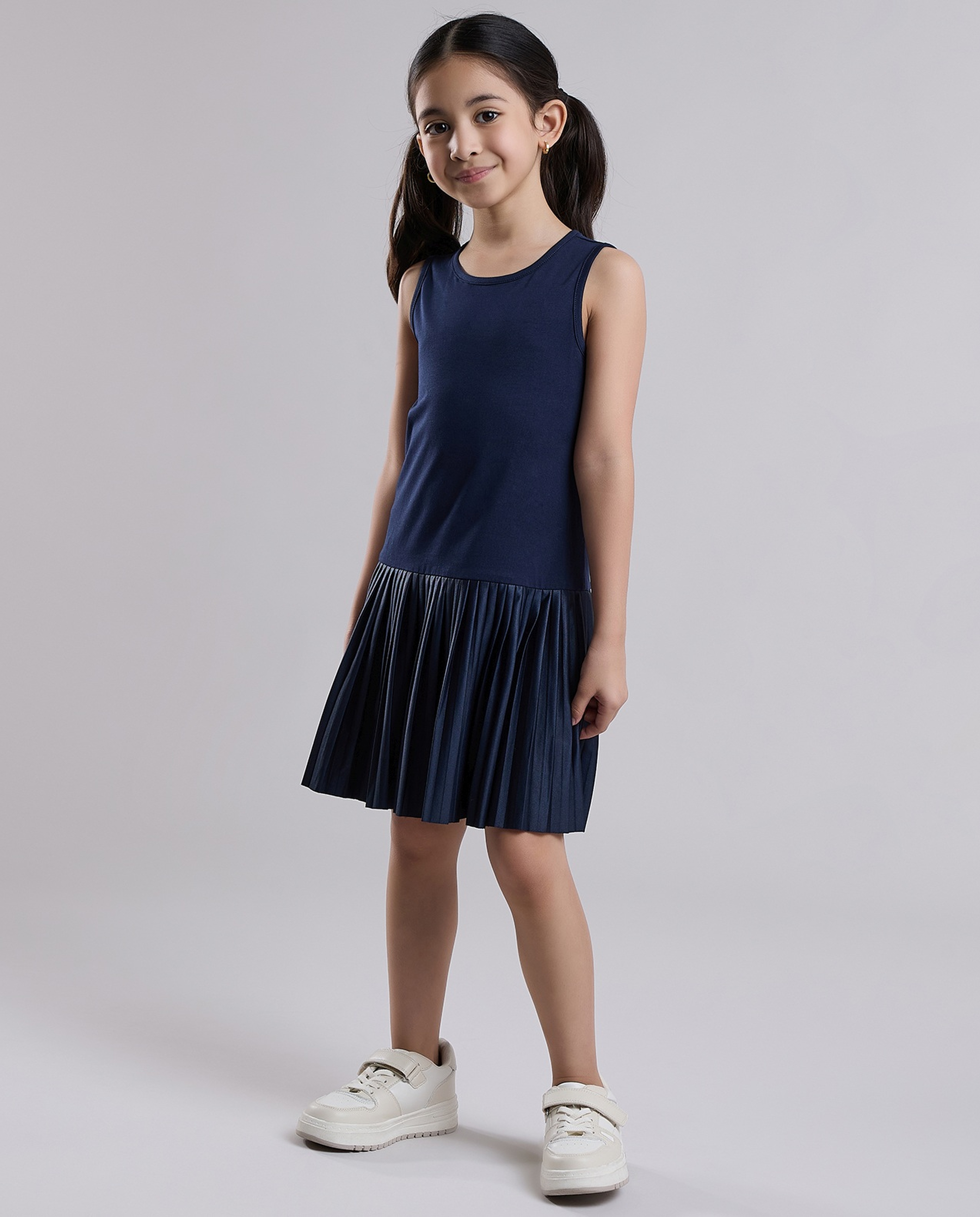 Printed Knit Dress with Crew Neck and Long Sleeves