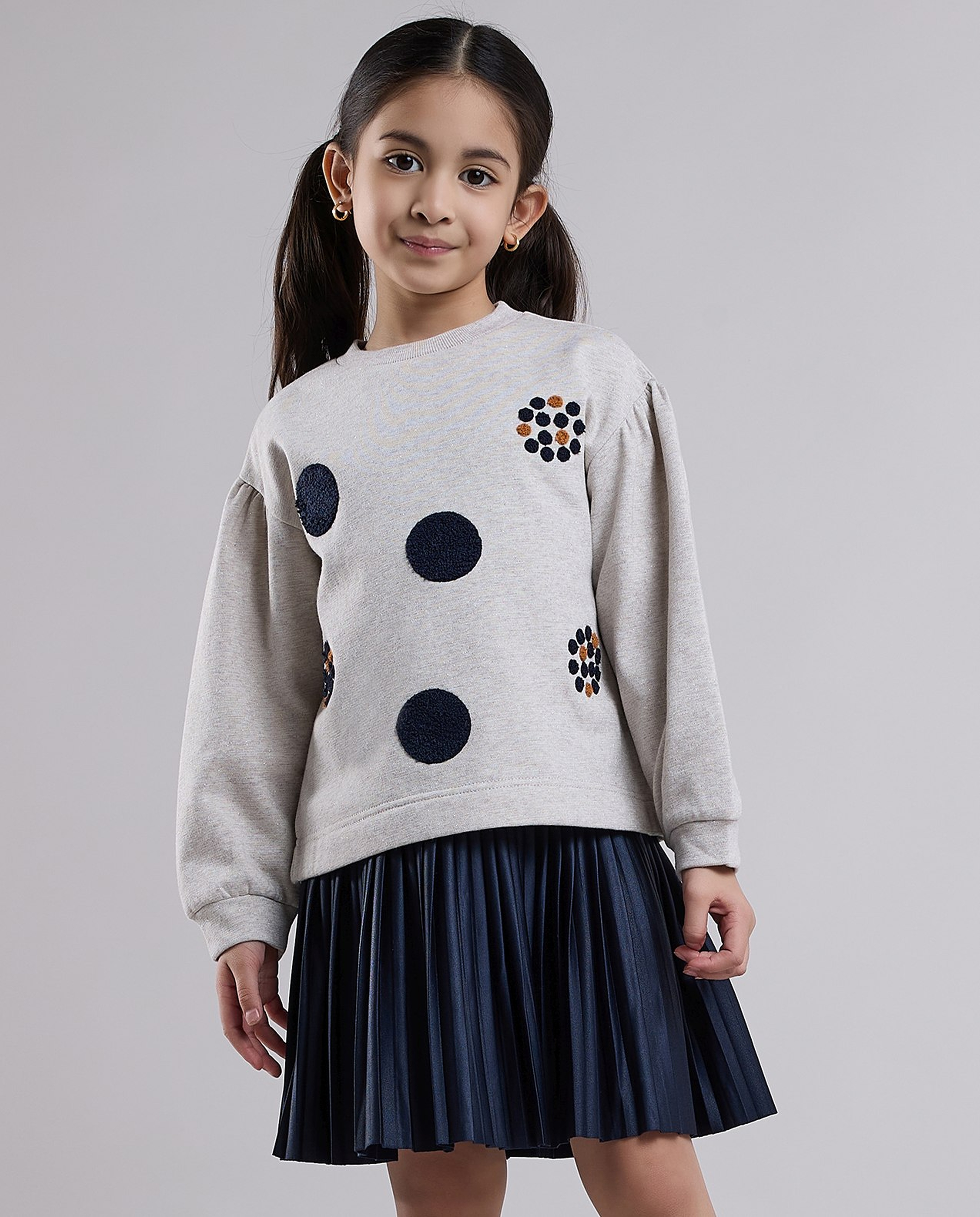 Printed Knit Dress with Crew Neck and Long Sleeves