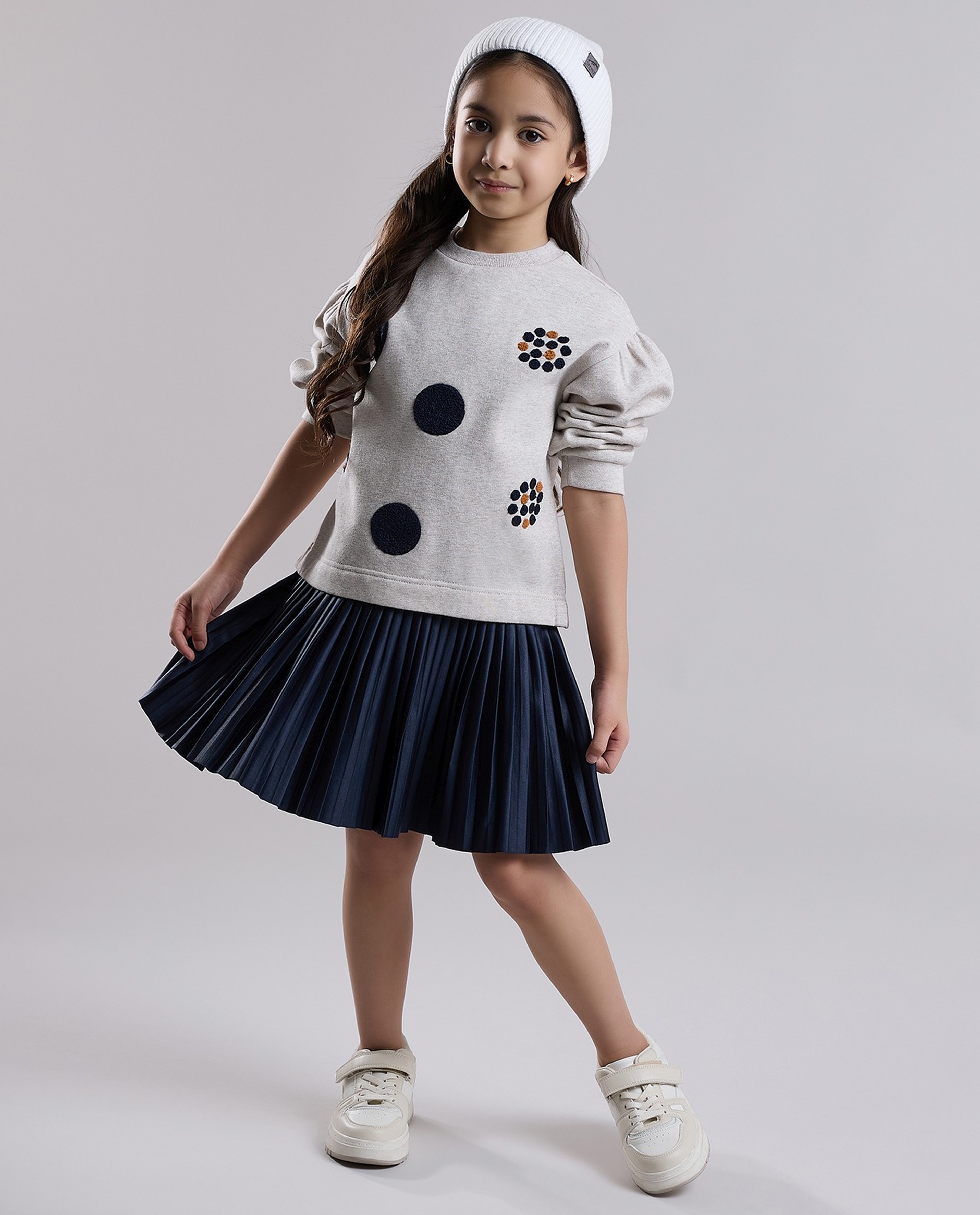 Printed Knit Dress with Crew Neck and Long Sleeves