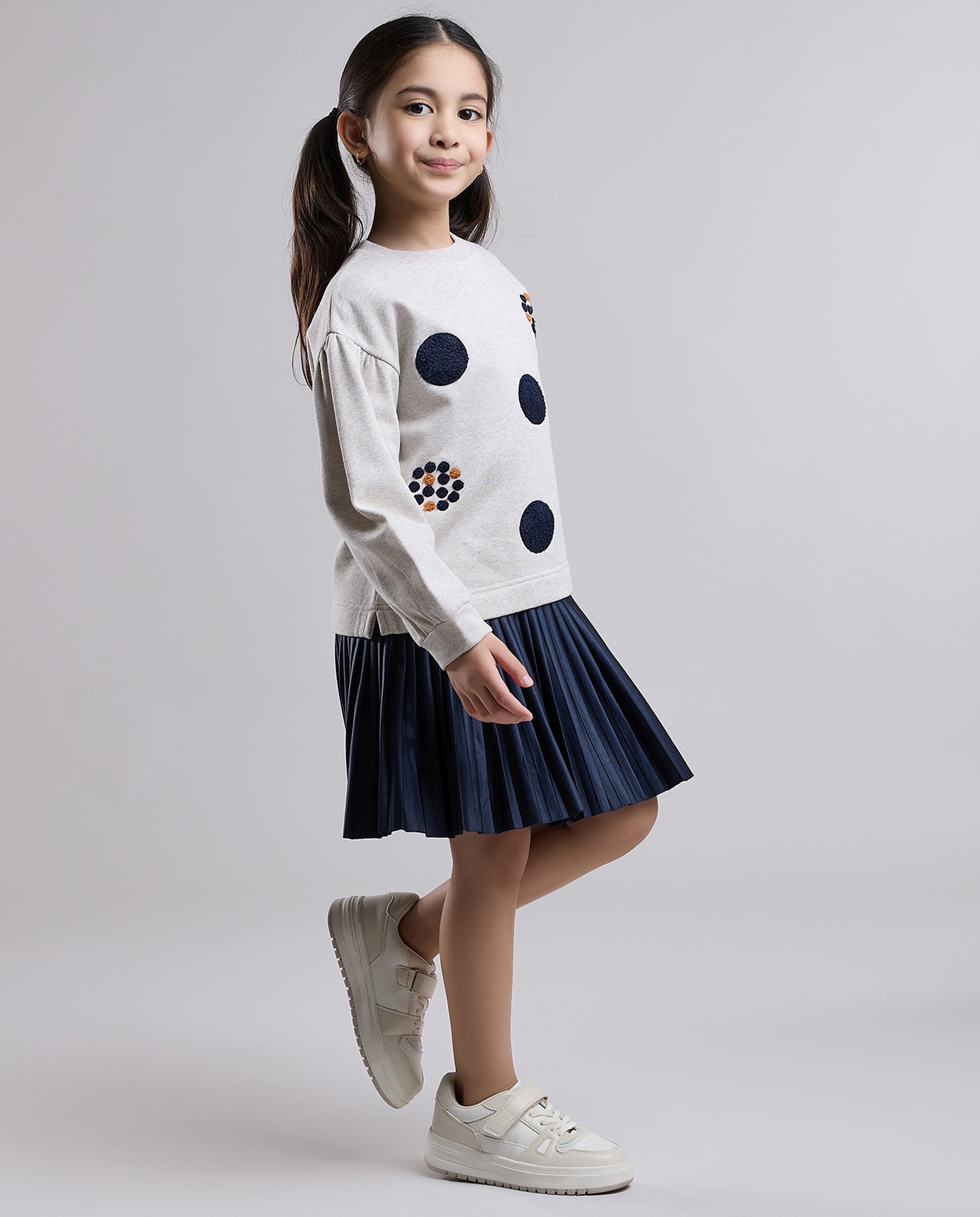 Printed Knit Dress with Crew Neck and Long Sleeves