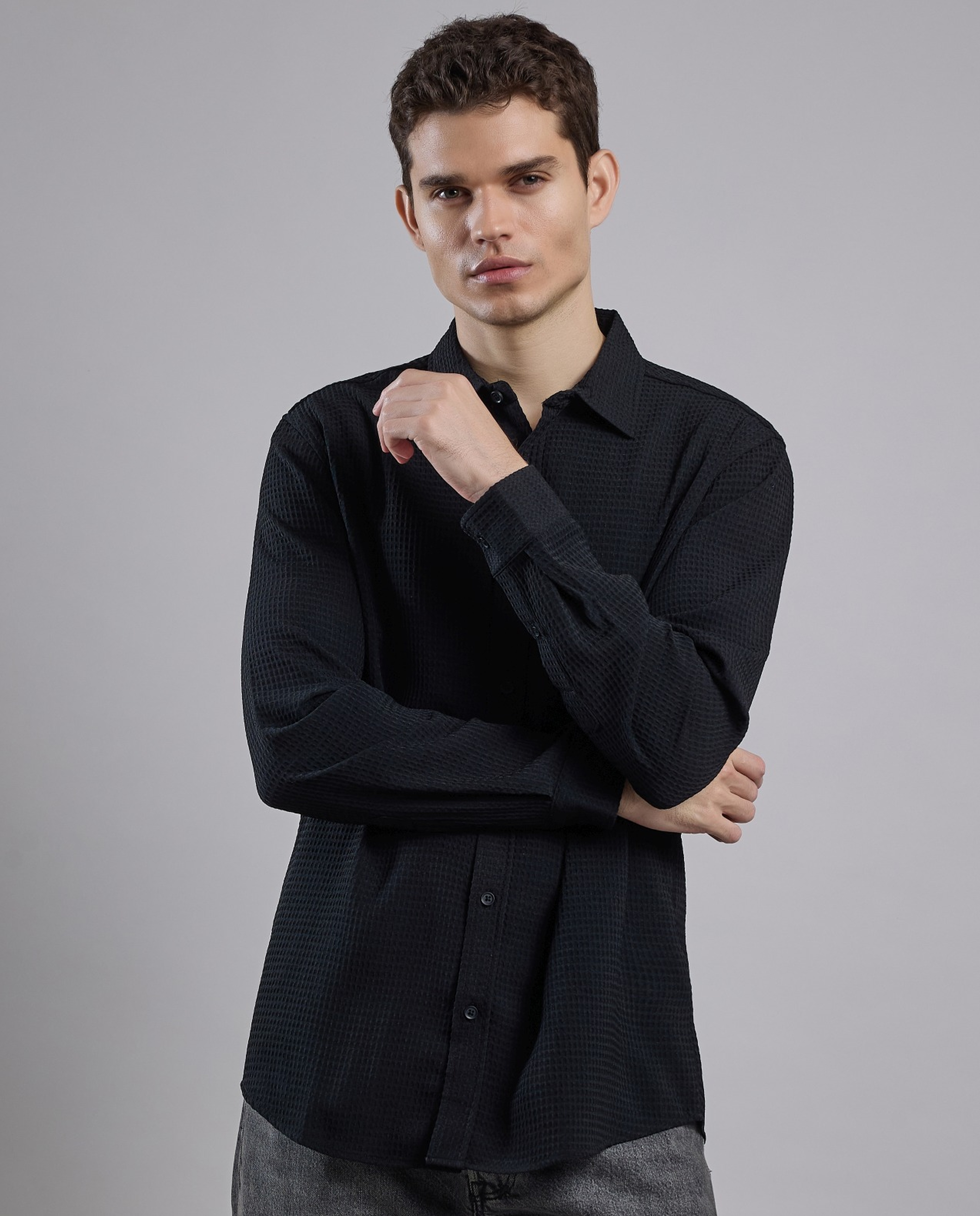 Textured Shirt with Classic Collar and Long Sleeves