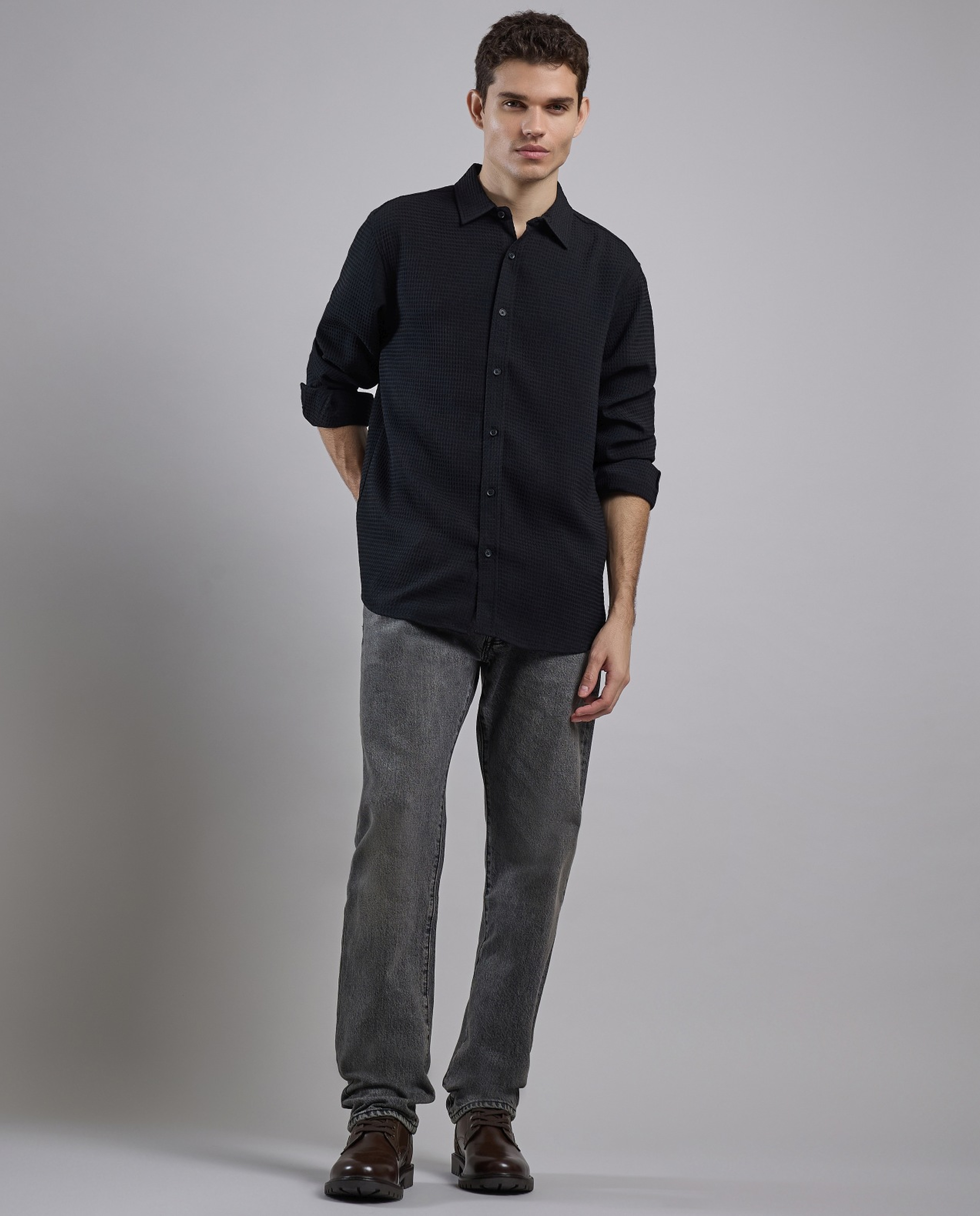 Textured Shirt with Classic Collar and Long Sleeves