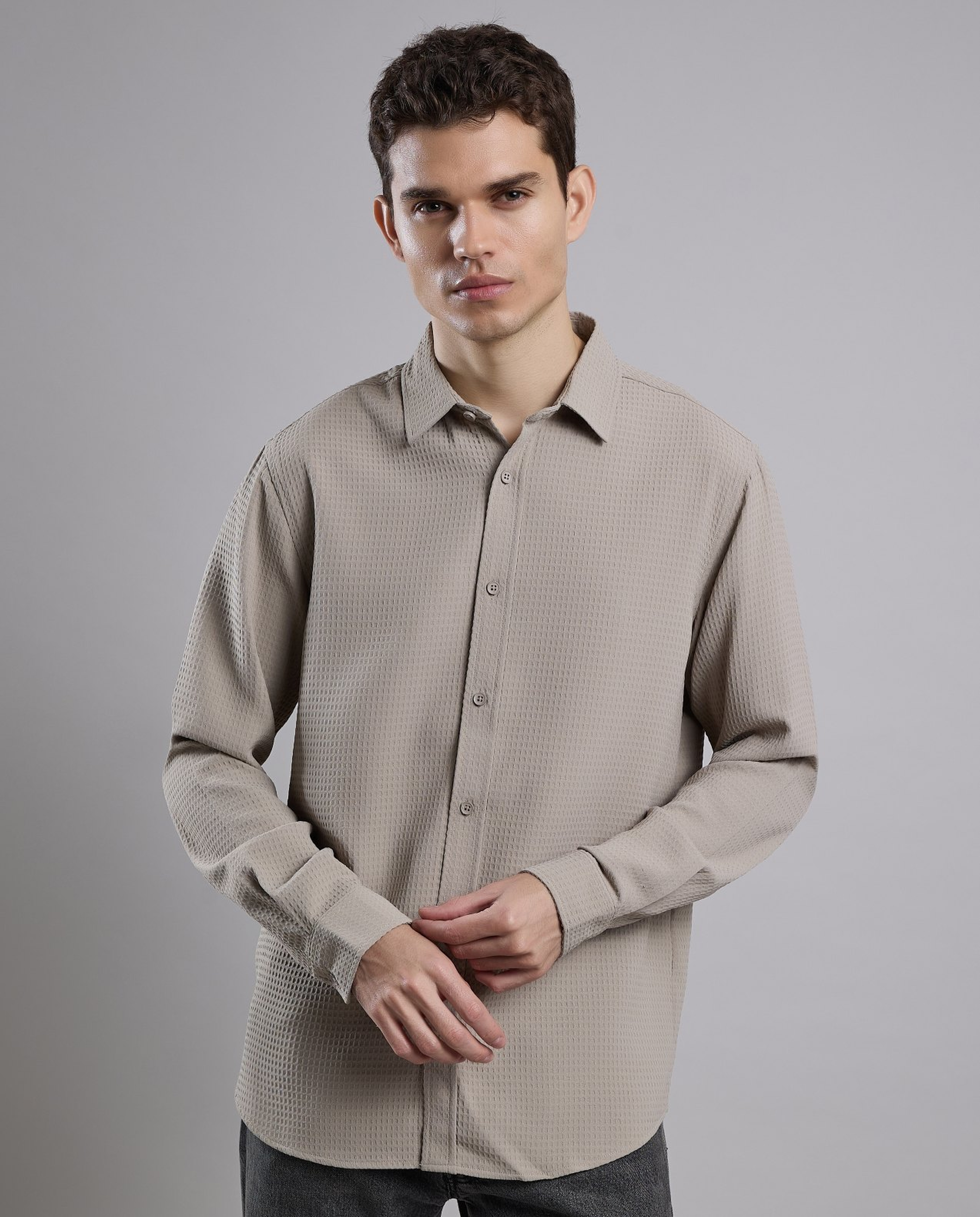 Textured Shirt with Classic Collar and Long Sleeves