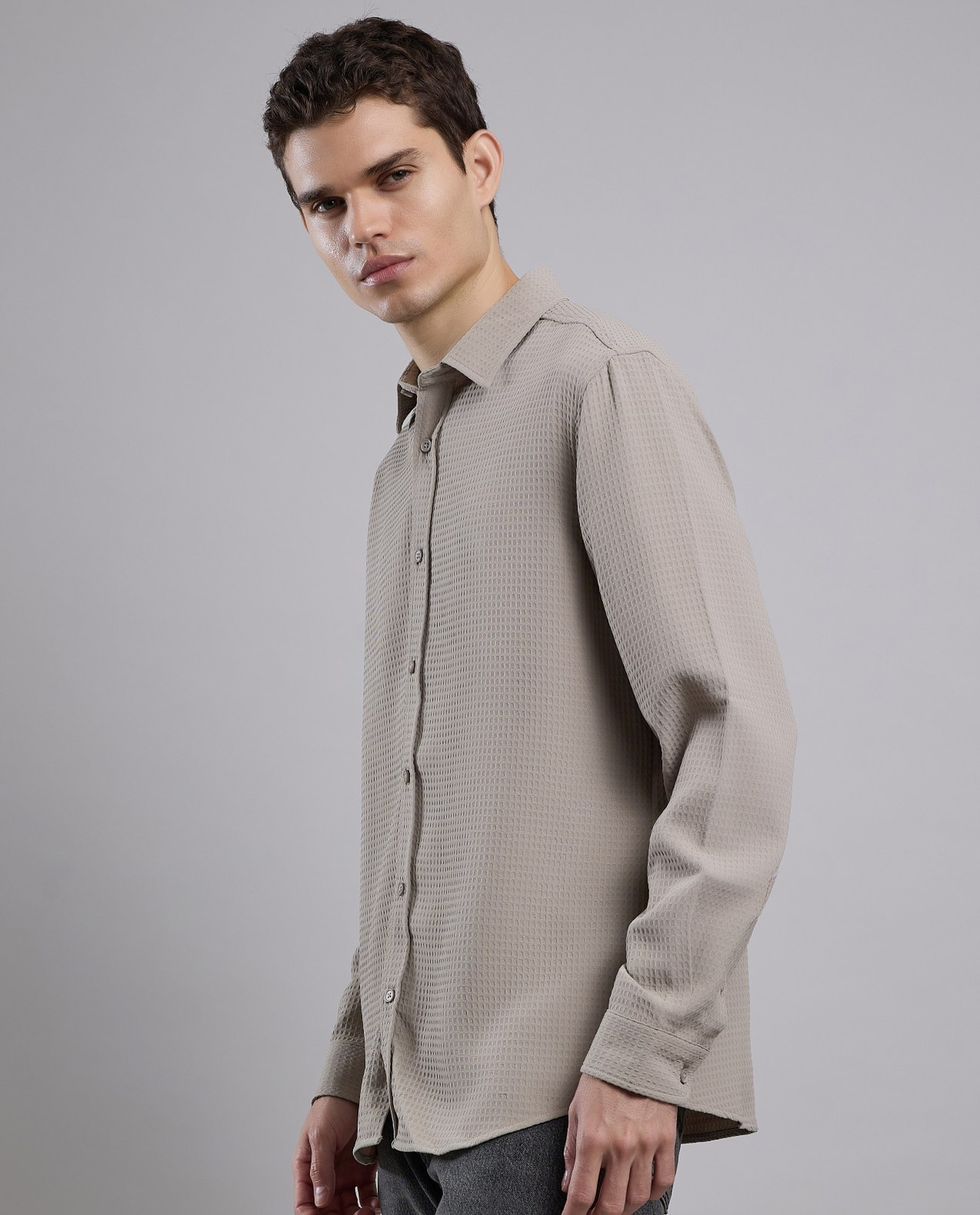 Textured Shirt with Classic Collar and Long Sleeves