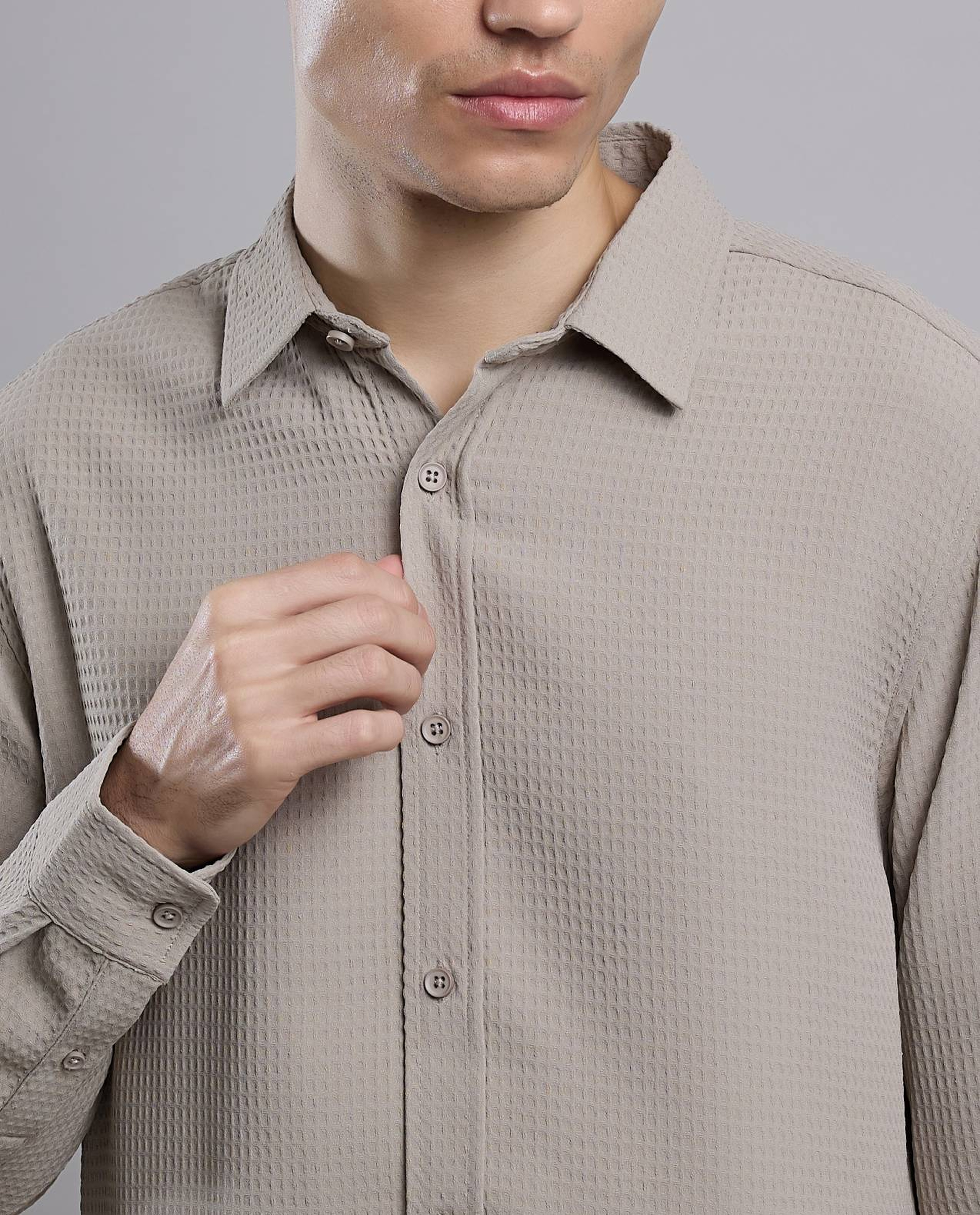 Textured Shirt with Classic Collar and Long Sleeves