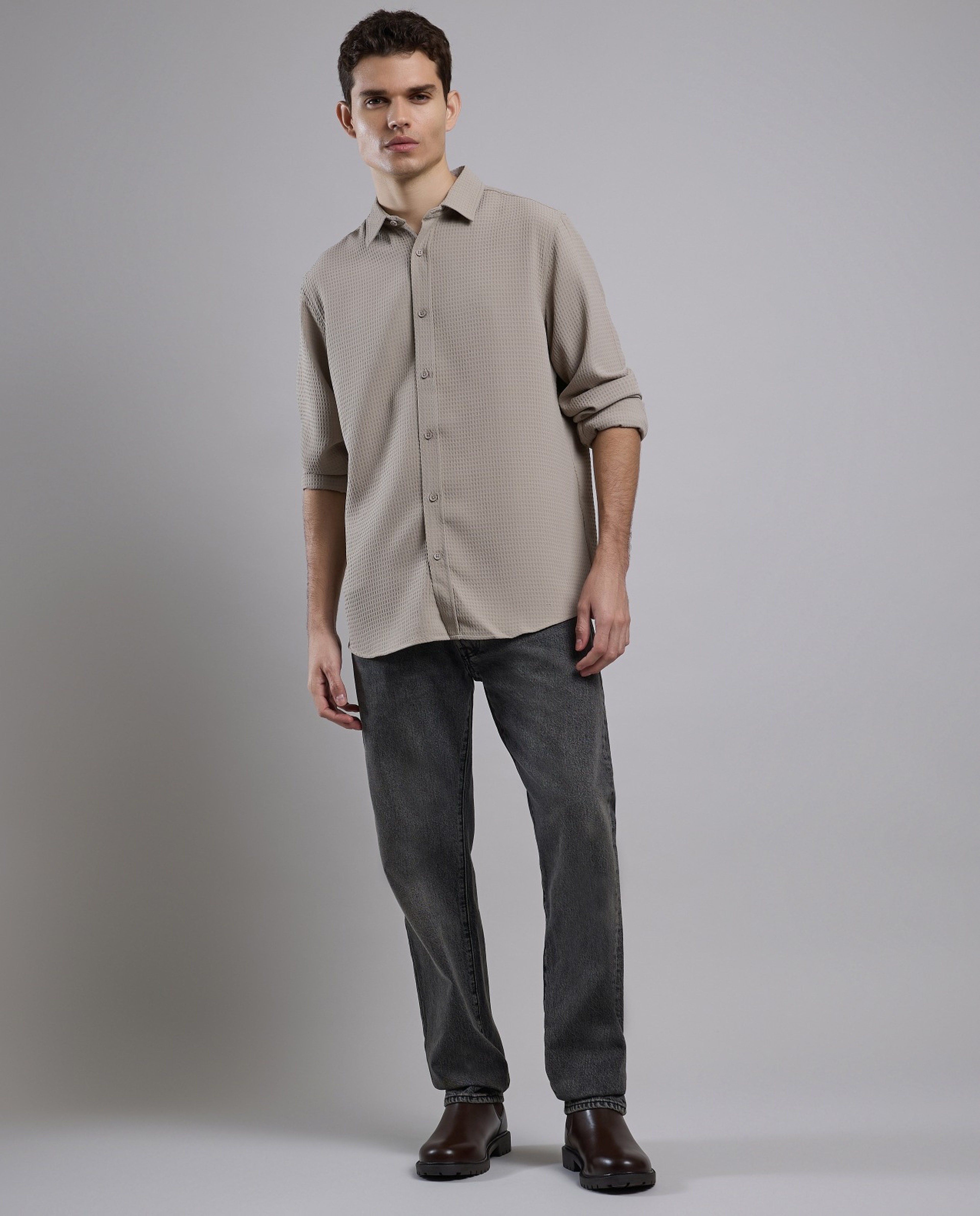 Textured Shirt with Classic Collar and Long Sleeves