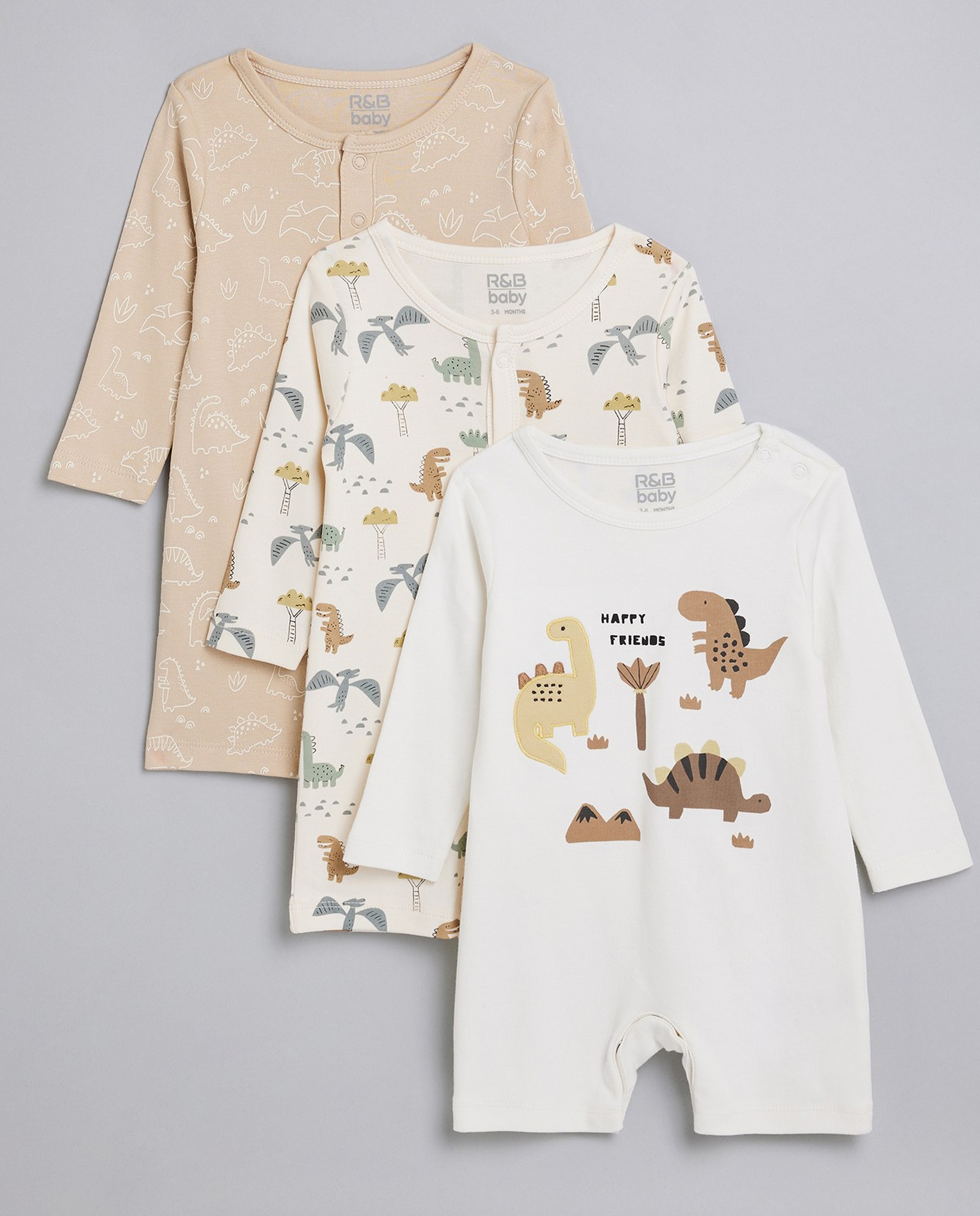 3 Pack Printed Rompers with Long Sleeves