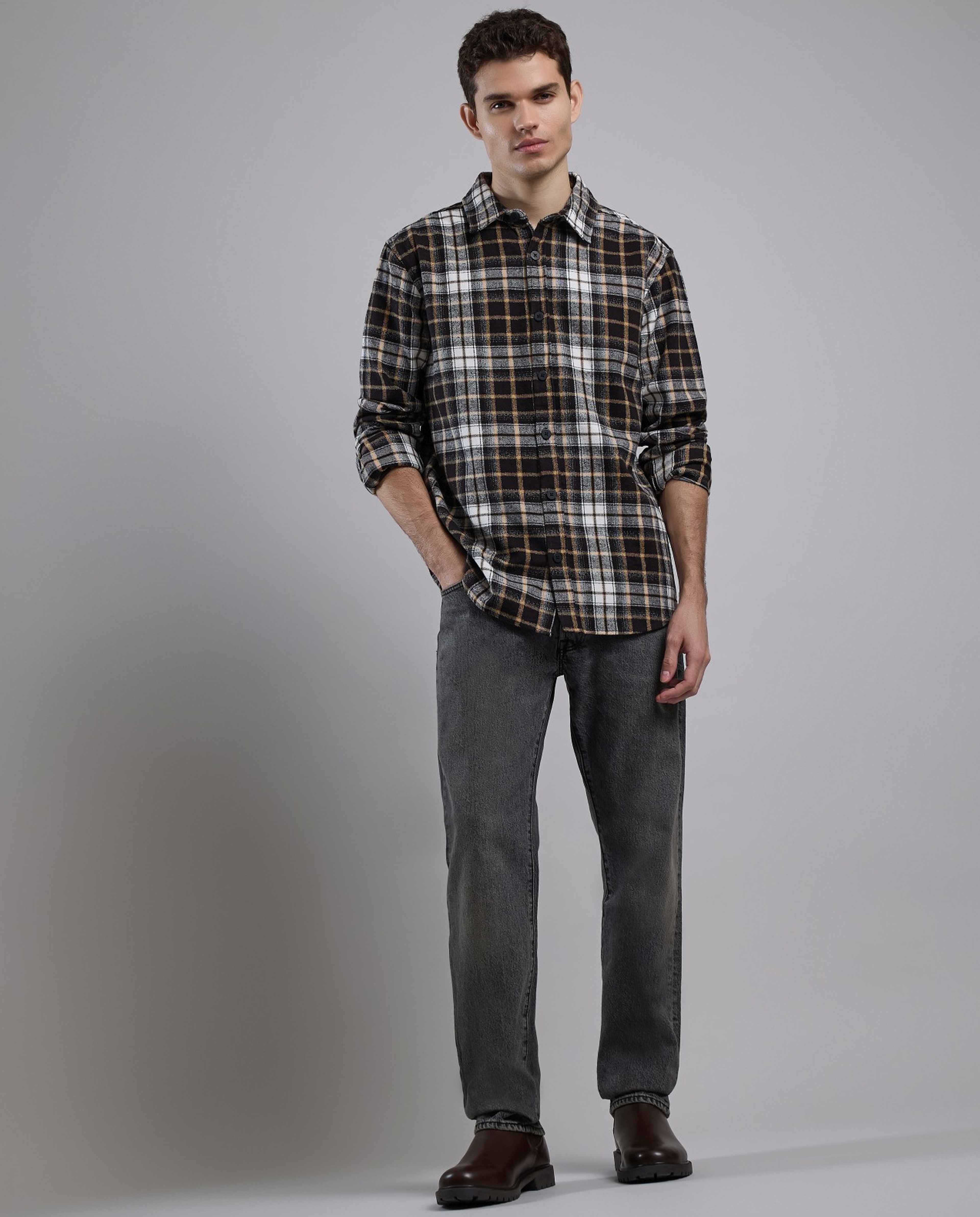 Plaid Shirt with Classic Collar and Long Sleeves