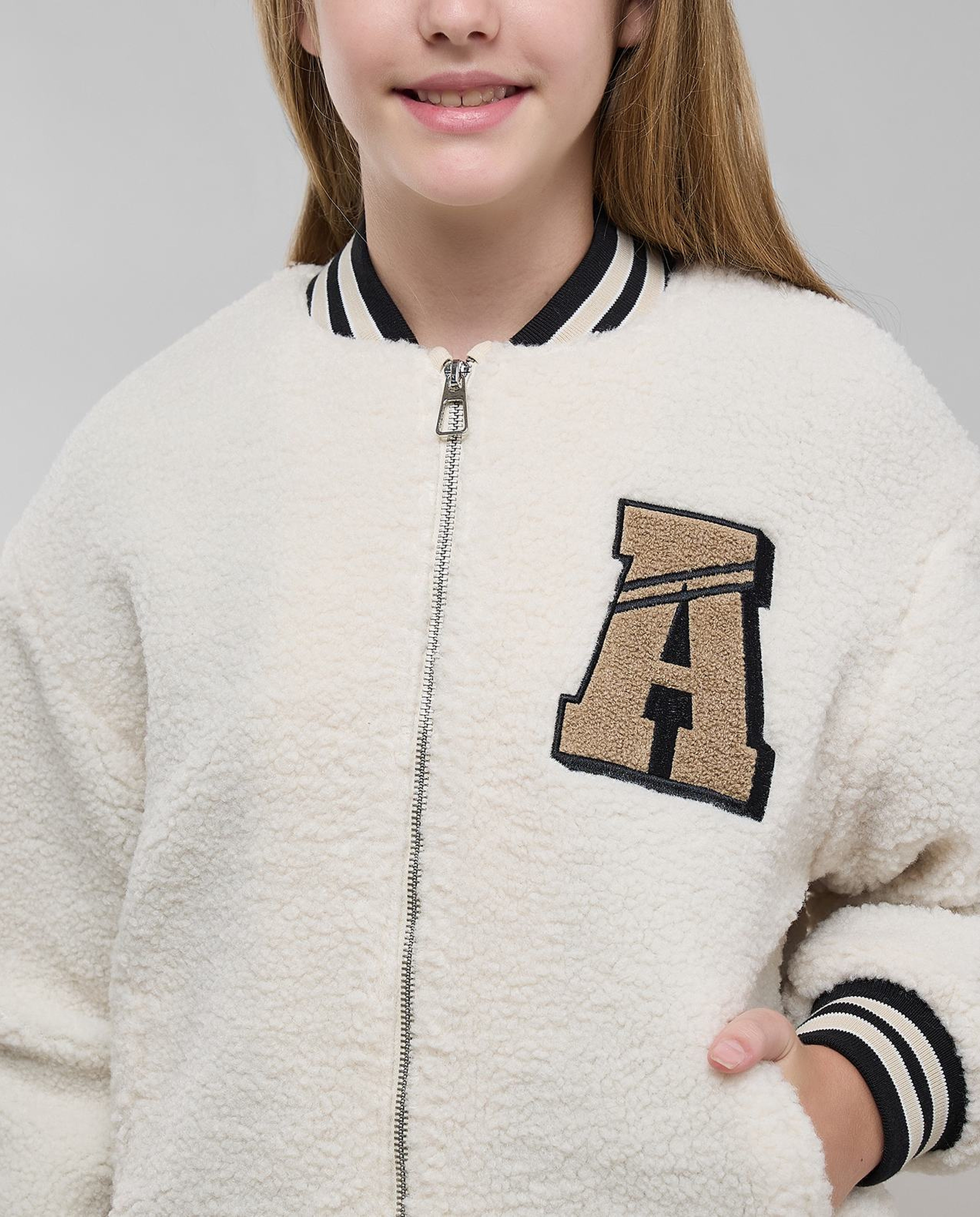 Appliqued Bomber Jacket with Zipper Closure