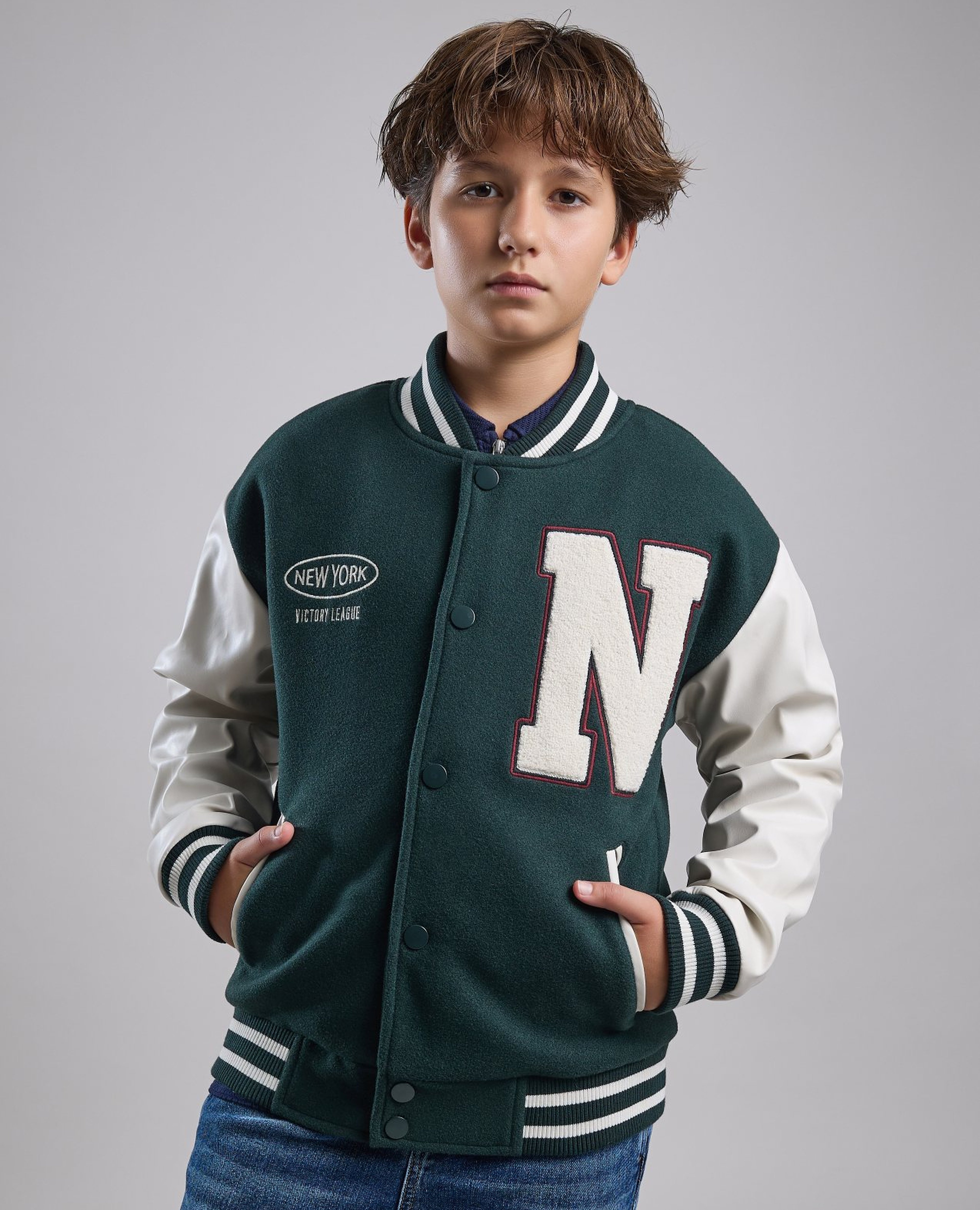 Appliqued Varsity Jacket with Button Closure