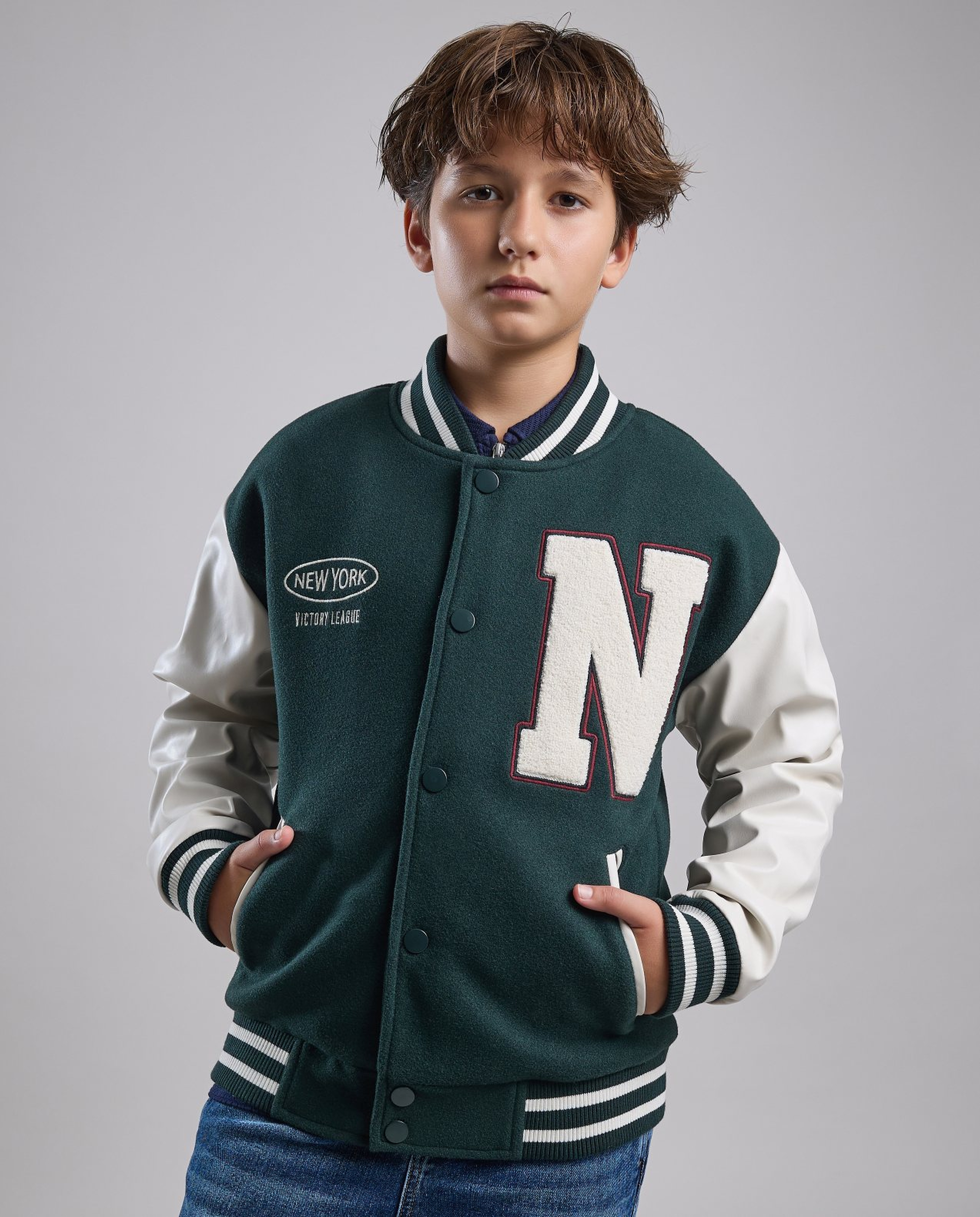 Appliqued Varsity Jacket with Button Closure
