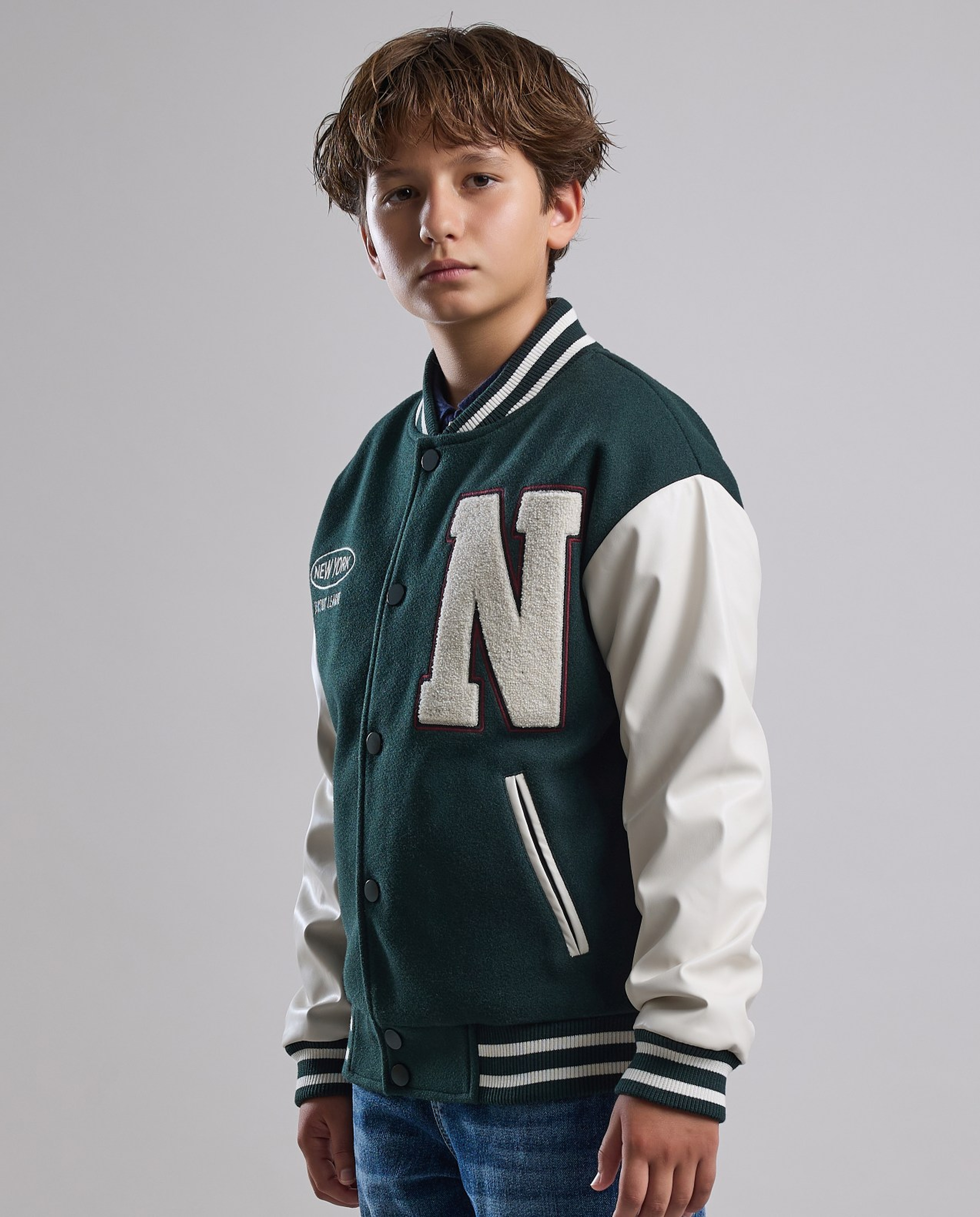 Appliqued Varsity Jacket with Button Closure