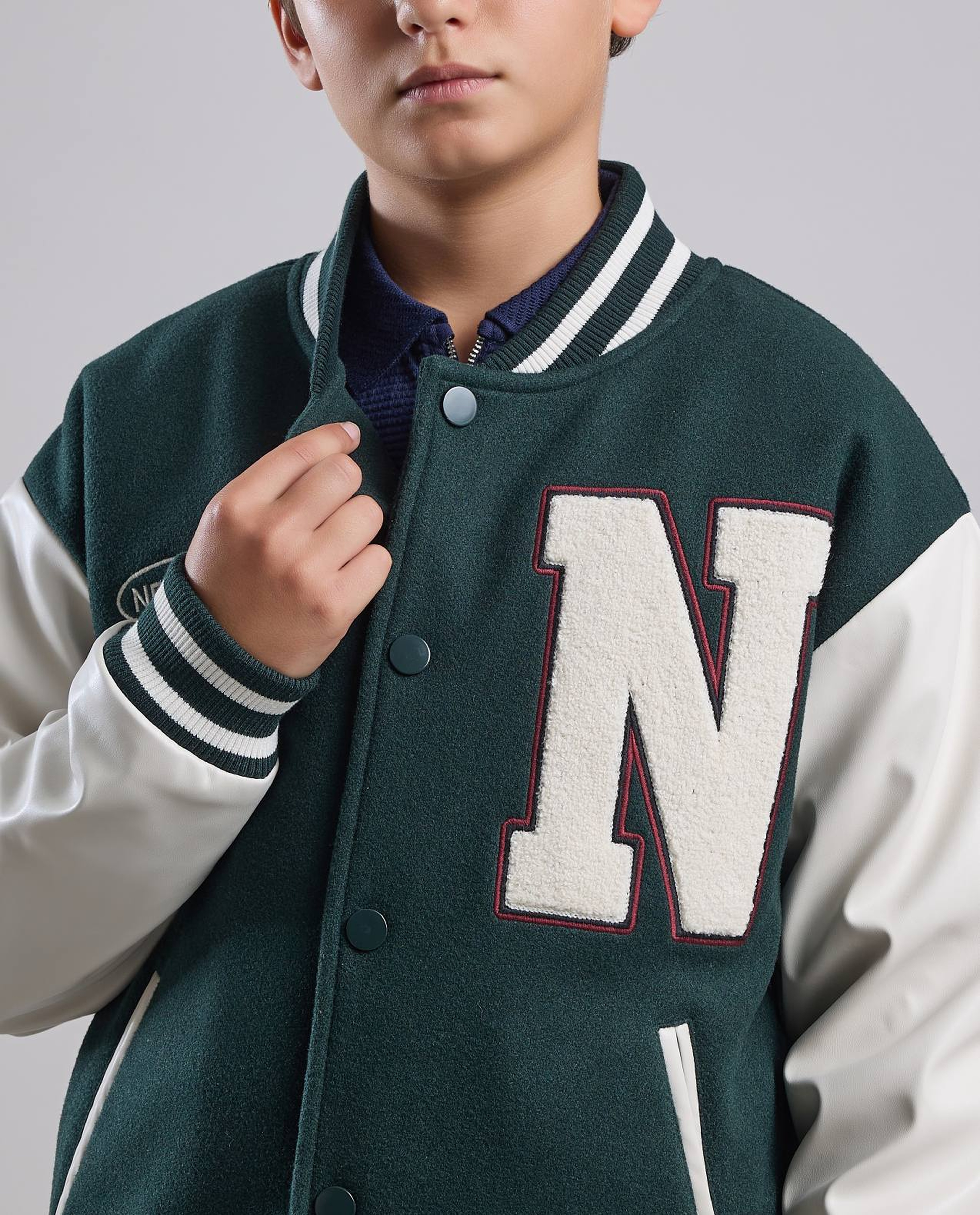 Appliqued Varsity Jacket with Button Closure