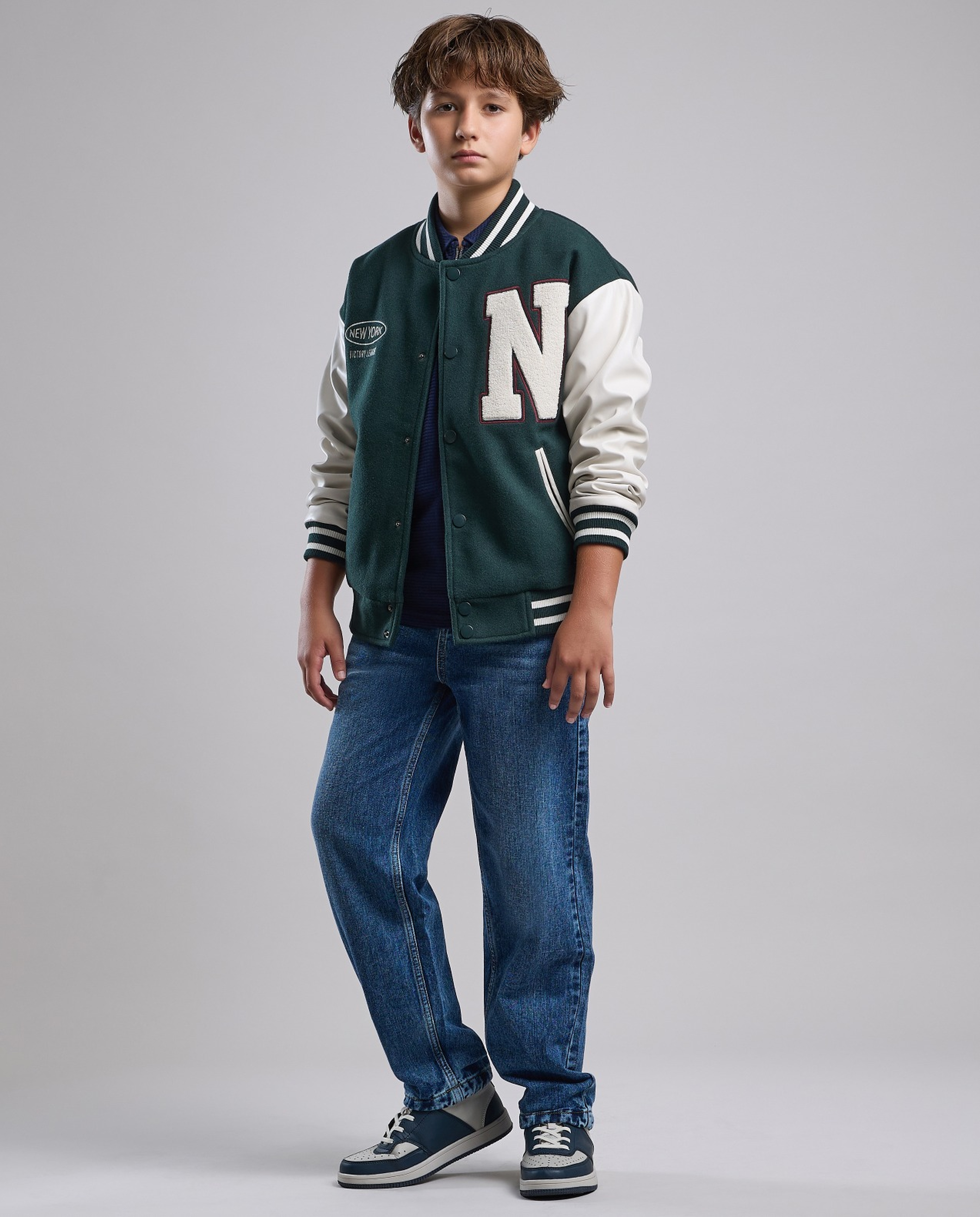 Appliqued Varsity Jacket with Button Closure