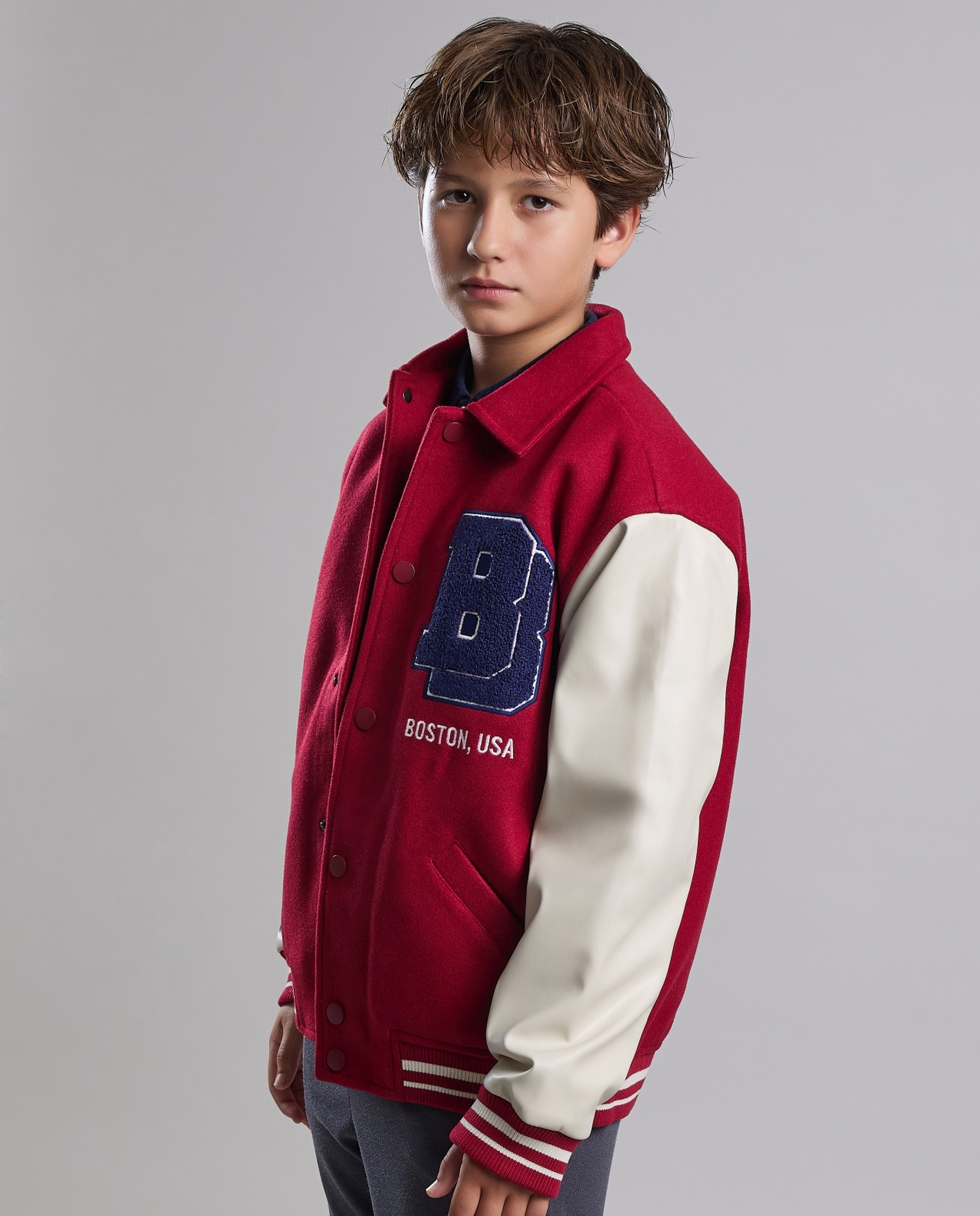 Appliqued Varsity Jacket with Button Closure