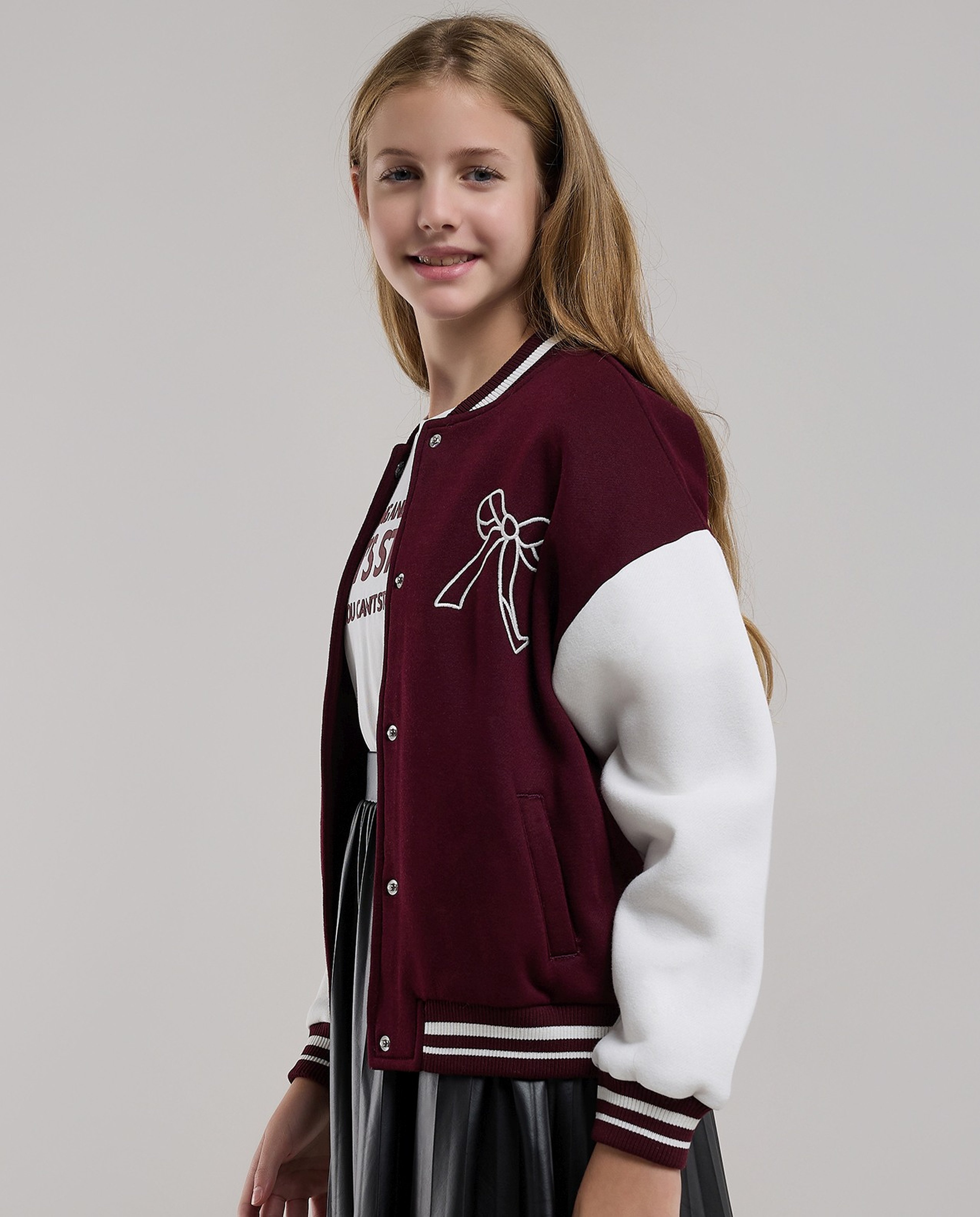 Appliqued Varsity Jacket with Zipper Closure