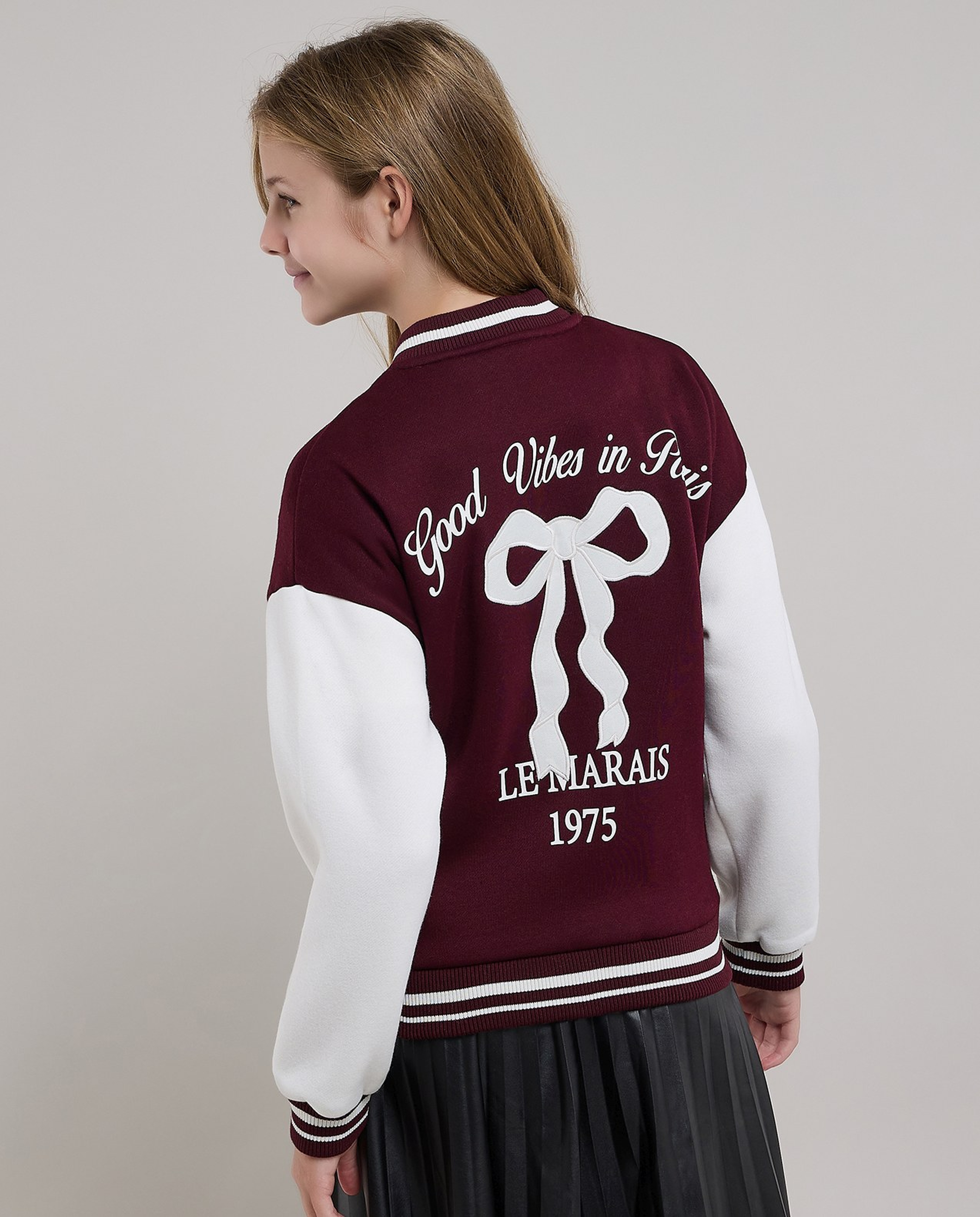 Appliqued Varsity Jacket with Zipper Closure
