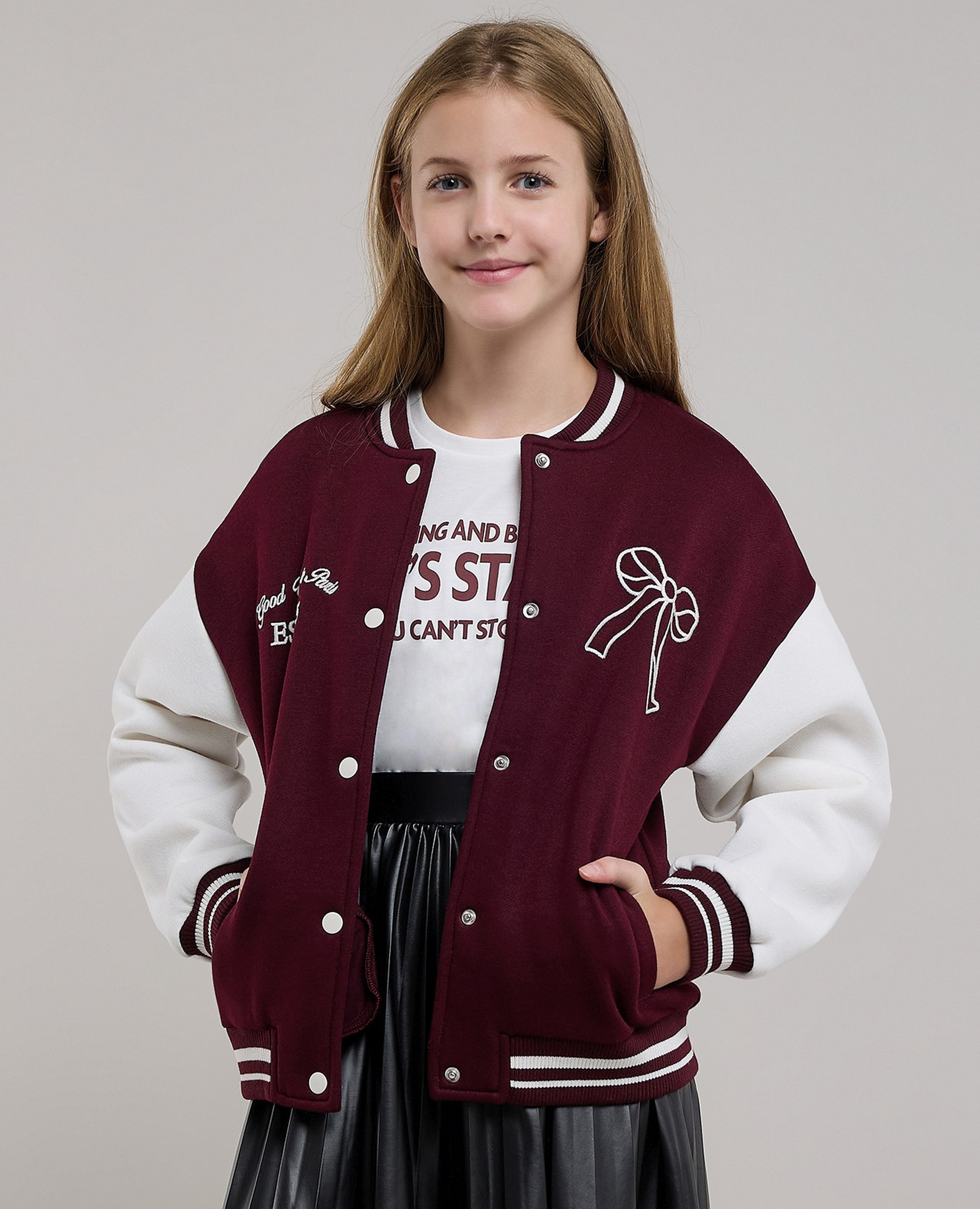 Appliqued Varsity Jacket with Zipper Closure