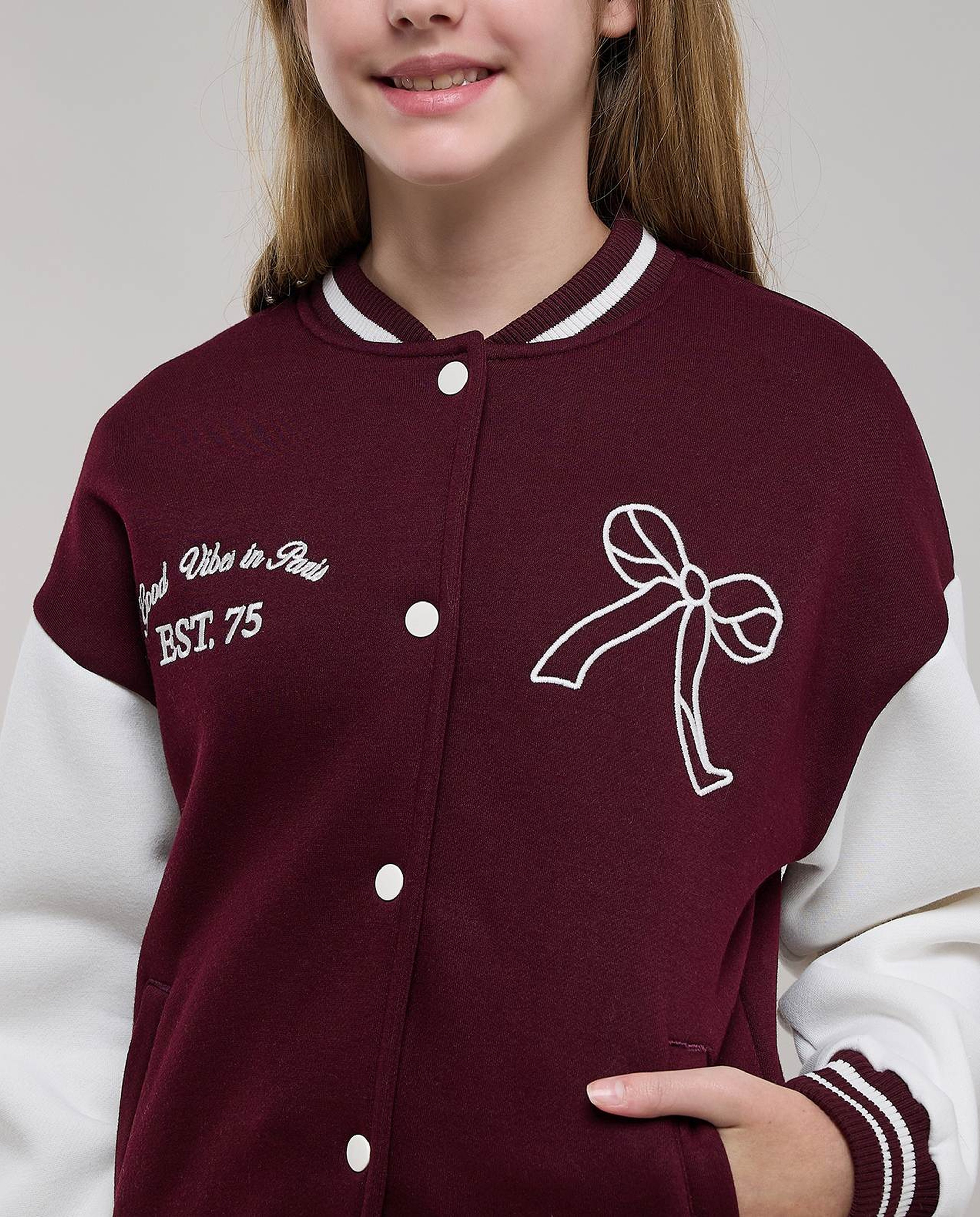 Appliqued Varsity Jacket with Zipper Closure