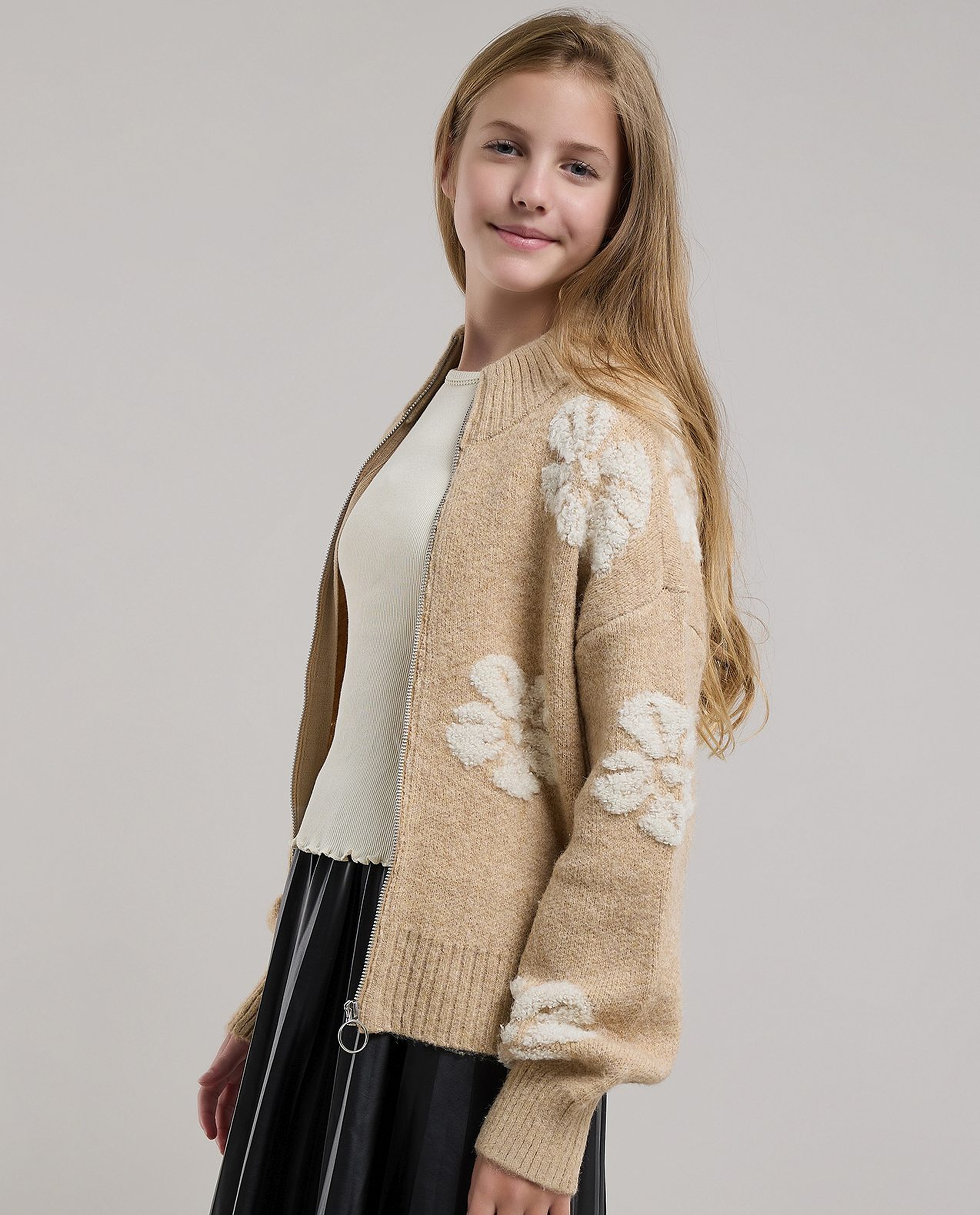 Embroidered Cardigan with Zipper Closure